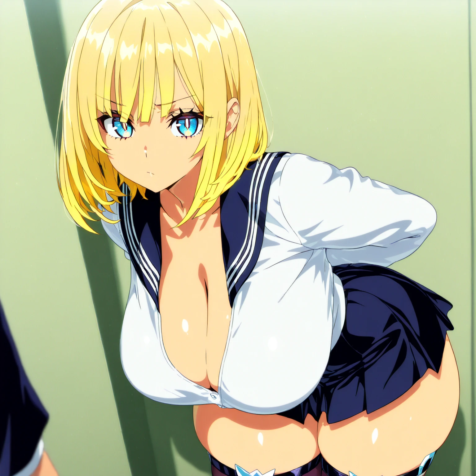 (masutepiece, Best Quality, High resolution:1.5, anime colours, megami magazine:1.2, anime poster style, anime keyvisual, sharp, 8k, photorealistic), (, from front), (beautiful eyes:1.5, beautiful face), Alice Zuberg, 1girl, solo, blush, (white headband), (blond Long Hair, hair braid), blush, (sagging huge breasts:1.5, , ), (back, :1.5, standing, from side), , upper body, looking to the side, hands on table, (Perfect detailed , beautiful detailed hair, perfect detailed body:1.2, shiny skin), (thick outline, Beautiful outlines, black outlines), 