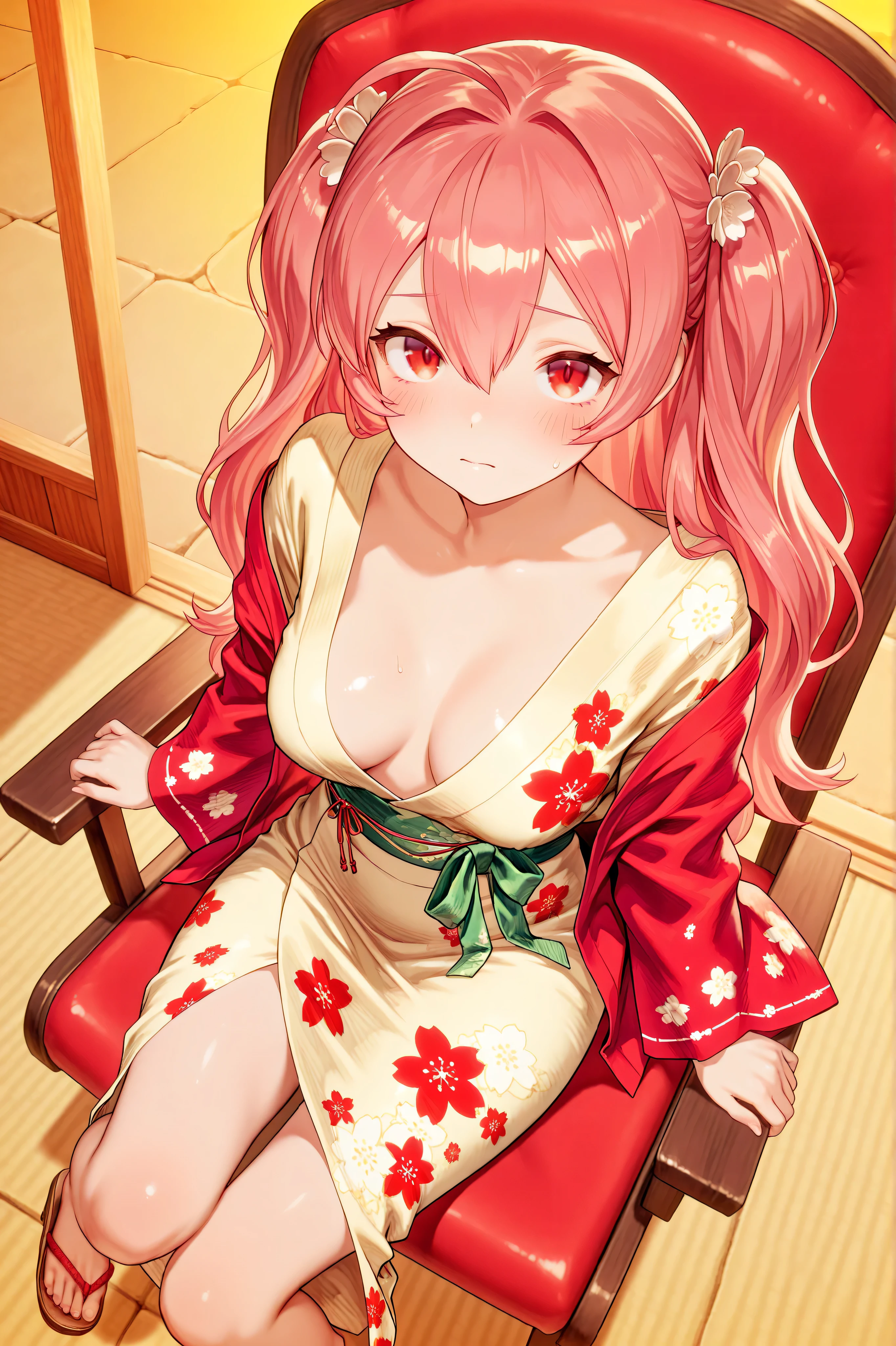 Liberta-OM,red eyes, medium breasts,long hair, pink hair, two side up, ahoge, hair between eyes, hair ornament, japanese clothes, yellow_yukata, red_haori, floral print, green_obi, japanese sandals,(1 girl),sittiong chair,blush,旅館, breasts,focus breasts,zoom face,from above,masterpiece,Highest Quality,Very Detailed,Ultra High Definition,8k,4k,simple back ground,beautiful eyes,catchlight,