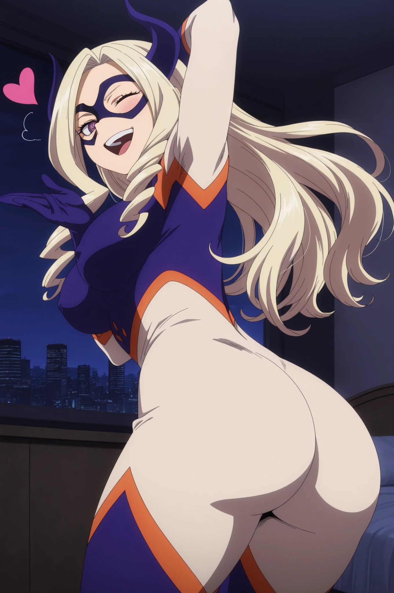1girl, m0l4, blonde hair, long hair, purple eyes, horns, , domino mask, , looking at viewer, , , leaning forward, tongue out, closed mouth, masterpiece, best quality, amazing quality, highres, absurdres, very aesthetic, high resolution, ultra detailed, perfect details, anime coloring, anime screencap, <lora:Mount_Lady-My_Hero_Academia-ilibibu-IL-v1:1>