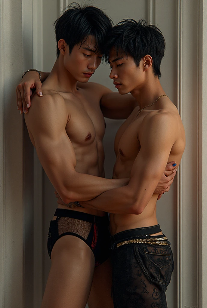 2 handsome guys, 25 years old, Asian, master works, best picture quality, higher quality, high detail, super high resolution, 8k resolution, delicate  features, boys, big muscles, tattoos, glowing eyes, short hair, hair details, upper body , [[look away, look to the side, emphasize homosexuality and pay attention to every detail , gym, white rubber pants, (((())))) fitness equipment background