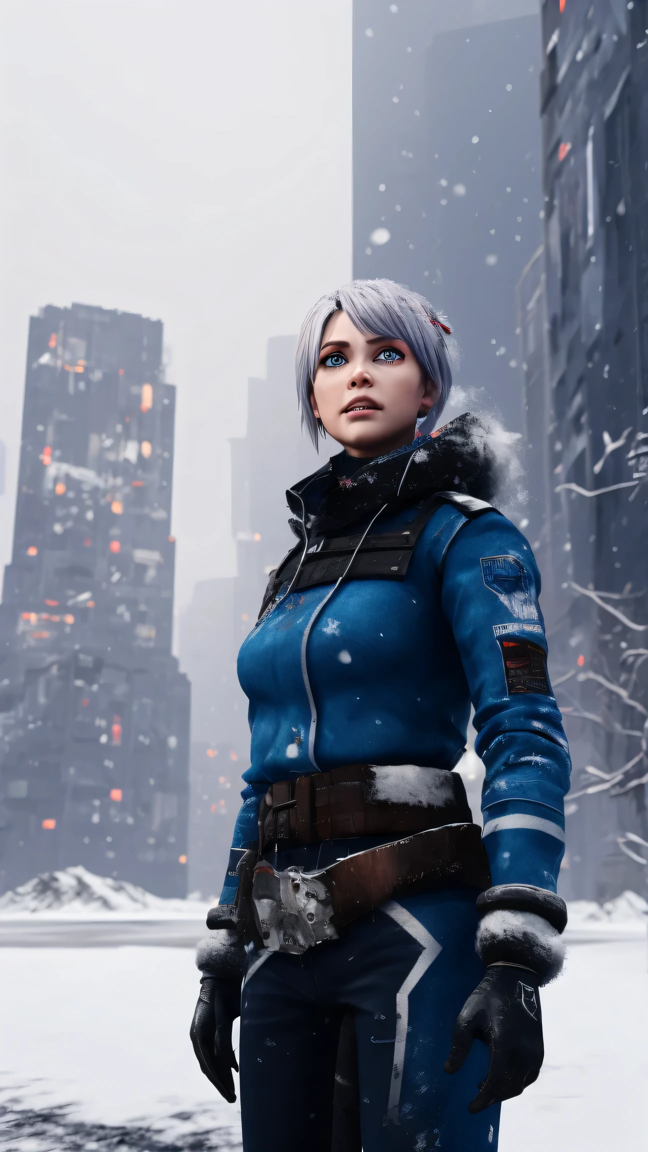 Female routine character, waist-up angle, in a snow survival game field. Behind her is a collapsed skyscraper zone of future city 3050, ice shards flying in a blizzard. Multi-cut composition with ice pillars in the front, broken hologram ads on the sides, red/blue light accents from the city. Sharp gaze, large eyes, realistic style, 4K, portrait 9:16, strong contrast lighting with white + blue light. Enhanced protective gear, gloves, and a sci-fi crossbow. Clean silhouette and crisp atmosphere.