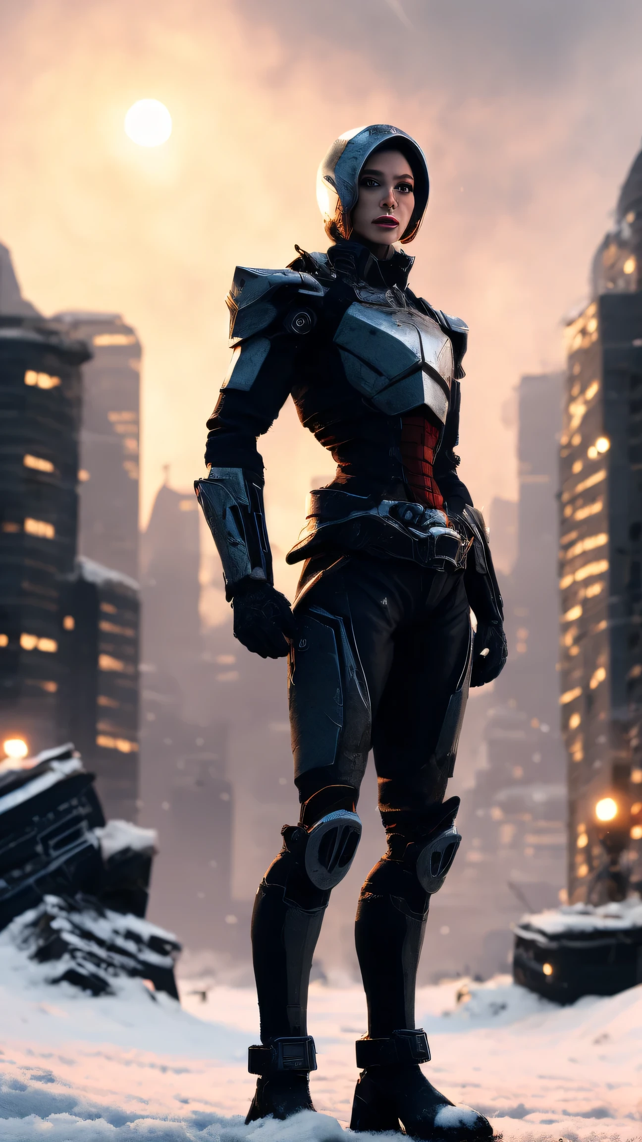 Full-body allowed. Female routine character standing on a snowy battlefield, with the giant ring-structure of future city 3050 glowing red behind her. Snow mist rises around. Multi-cut composition: metallic debris in the foreground, drone wreckage on the sides, and curved futuristic skyscrapers in the back. Focused expression, battle-ready posture. Large eyes, realistic, 4K, portrait 9:16. Strong contrast with red + white lighting. Clear silhouette emphasized.