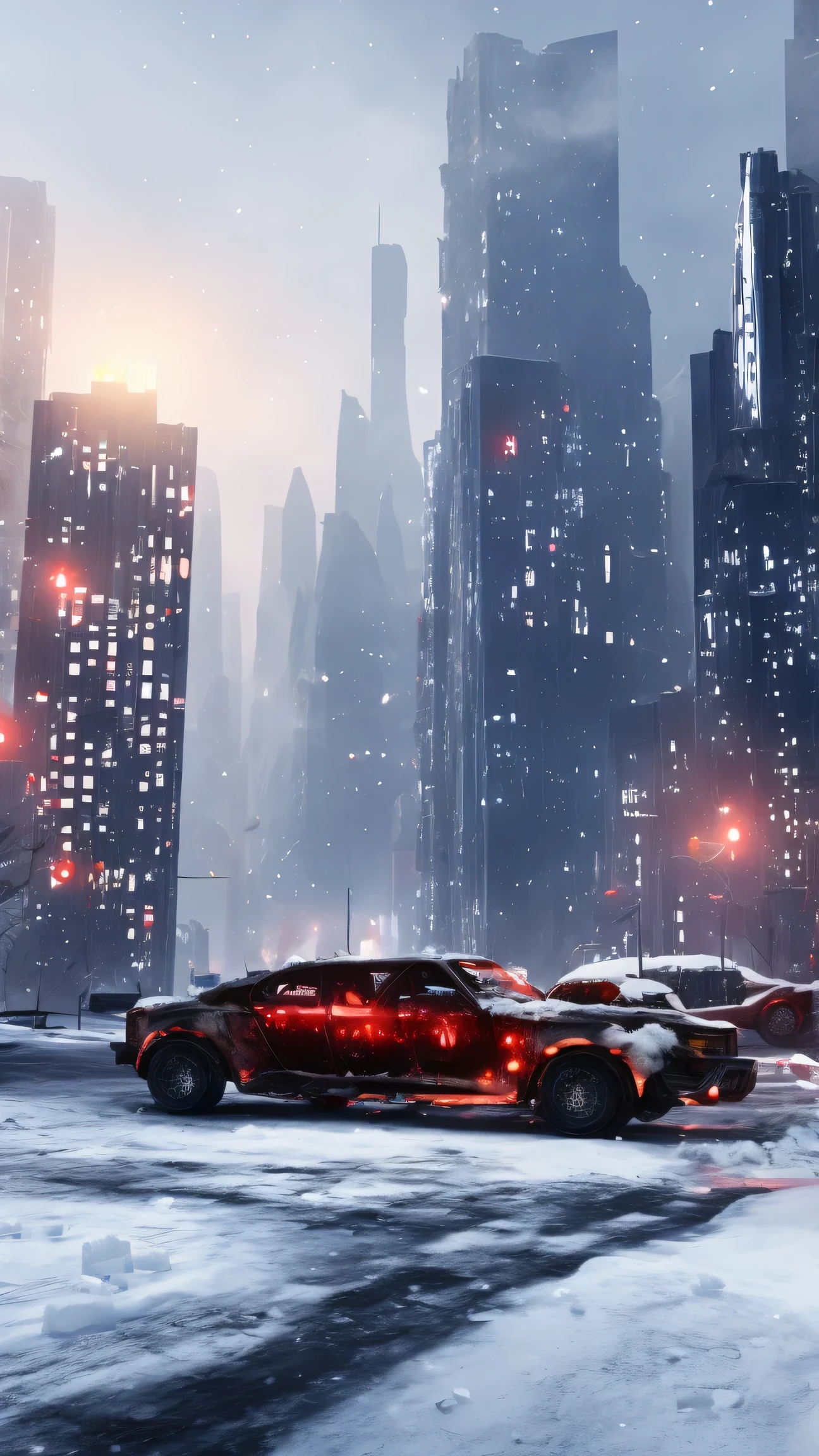 Female routine character, mainly waist-up but full-body allowed. Snow survival-game environment in future city 3050, with blizzard, frost, snow mist, and ice shards. Multi-cut composition: ice pillars, snow crystals, and metallic debris in the front; holograms and wreckage on the sides; futuristic skyscrapers with red, blue, and white lighting in the back. Large eyes, realistic, 4K, portrait 9:16. Triple-light setup (red/blue/white) with strong contrast. Sci-fi protective gear, cold-resistant gloves, anti-frost jacket.