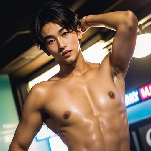 Masterpiece, Best Quality, 1 Asian Model Men, muscular, white skin, lifted arms, , sitting,  , pool background, lying down, hard lighting on the body, Natural eyes, Short and delicate brown hair,  Man, looking at the viewer, , Small plots, Muscular posture, , (extremely handsome: 1.2), 8K, Ultra HD Resolution, 