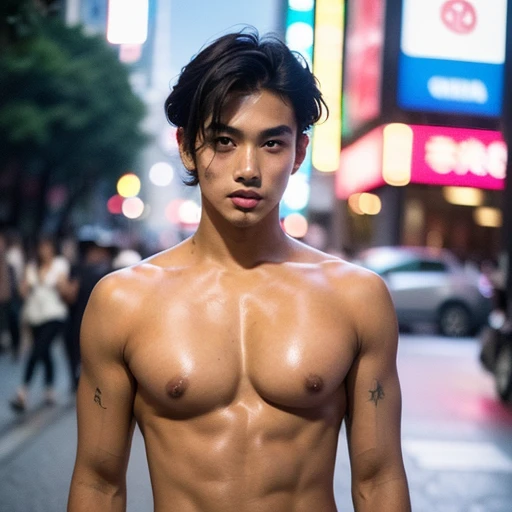 Don't close up, Tokyo street scenery, Tokyo street background, Full body photography, Crowded Tokyo street, very hot sunny day, crowded tokyi street scenery, Very micro red , Very hairy armpits, Very detailed finger, don't merge body, Very young Korean boy, teenager boy, (photorealistic, masterpiece, best quality), white pale skin, muscular man, hunk, charming, attractive, wearing necklace in his neck, completely  , Realistic, fully , , perfect , male , modeling for a photoshoot, editorial style, handsome man, detailed face, , ,  boy, very young boy, Cinematic soft lighting illuminates a stunningly detailed and ultra-realistic handsome korean male supermodel, ultra messy curly hair, clear honey eyes, captivating perfect smile, sensual, hot man, insanely handsome, showing off his sweaty body, very sixpack muscular body build, slender, toned, full body, 8k, photography, masterpiece, detailed face, detailed eyes, detailed hands, in the crowded showing off his very bushy hairy armpits, only wearing very thin micro white  with big hard dickprint bulge, very wet body, very sweaty body,