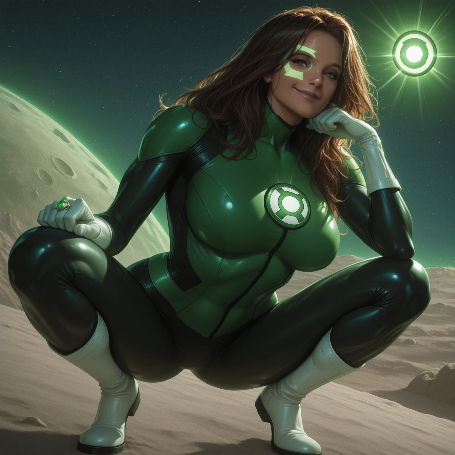 katmatui, red skin, bodysuit, gloves, boots, short hair, ring, pointy ears, sexy, big round breasts, breasts appart, curvy body, curvy legs, low angle, semi realistic art style, semi realistic, real skin,
body freckles,mole,
