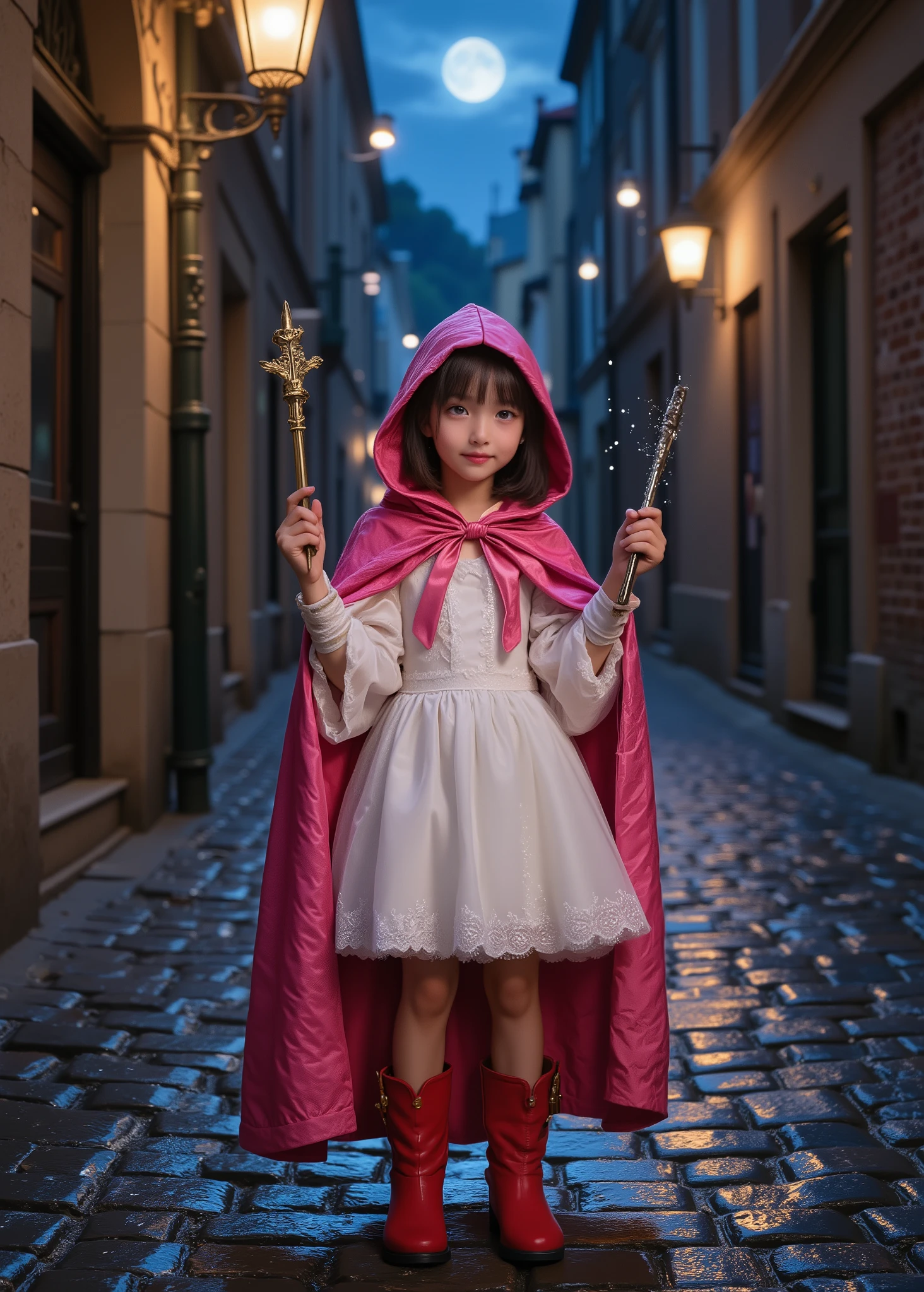 Moonlit Night、dark sky、Cute 7 year old、wearing a white gothic dress、wearing a red cloak and pink hood、Narrow Alley in Europe, Wet and reflective cobblestones、wearing red boots、With a smile、(full body photo、full body shot、body)、holding a magic wand in his hand、cloaks are popular、looks like the costume shines slightly、Low Angle Shot、Shot from the ground、Real photo、Movie Lights、High Quality、8K,16K
