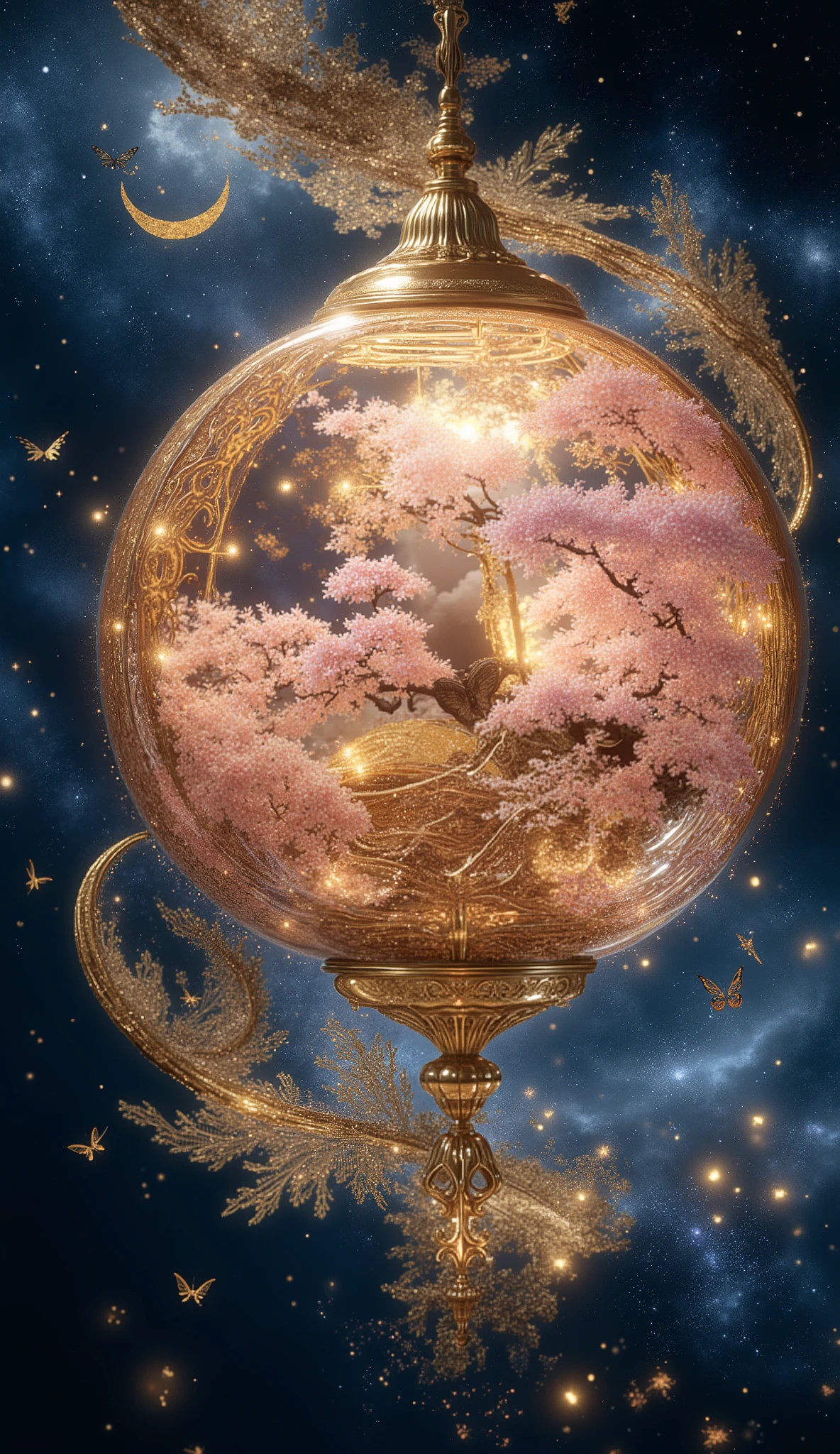 A glowing sphere with layered cherry blossoms inside, surrounded by golden crescent moons, butterflies, glittering particles, and traditional Japanese patterns, floating in a magical night sky with indigo and navy tones, full-frame fantasy composition