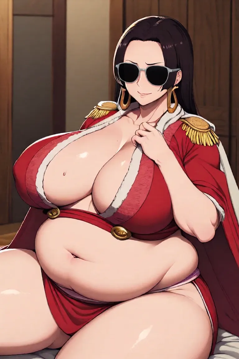masterpiece, best quality, highres, hancock1, boa hancock, ?????????????, big plump belly, ((massive belly)), ((full belly)), sweaty, juicy thighs, fat, mild, epaulettes, cape, crop top, side slit, cowboy shot, sitting, ???????, biting lip, eyes looking upward, blushing, glistening sweaty skin, round belly, immobile, anime style