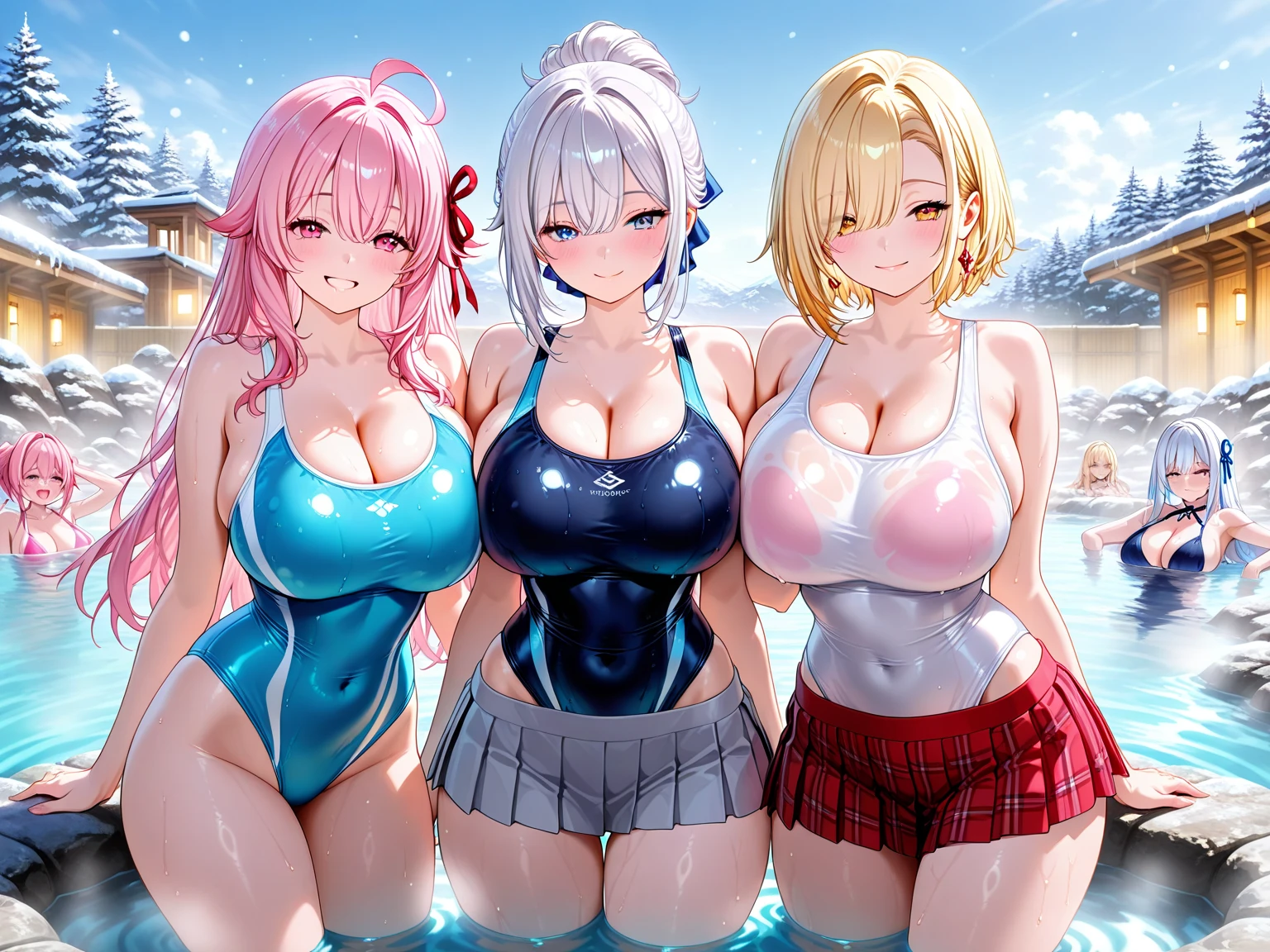 (Three beautiful young Japanese sisters), , (((3 sisters))), ((Excellent : 1.2)), (Random hair color, Random hairstyle), Big Tits, Green Eyes, (dark skin:1.5), (((, Colorful high leg , flip flops))), Earrings, (夜のPoolside:1.5), Strong sunlight, Midnight, The light is on my face, (Dynamic Angles), grin, Flushed face, (ceavage:1.3), (The whole body is visible:1.5), Poolside, Beautiful thighs, ((())), (( on body)), ((Armpit Hair)), (Gravure pose:1.8)、Beautiful toenails, 