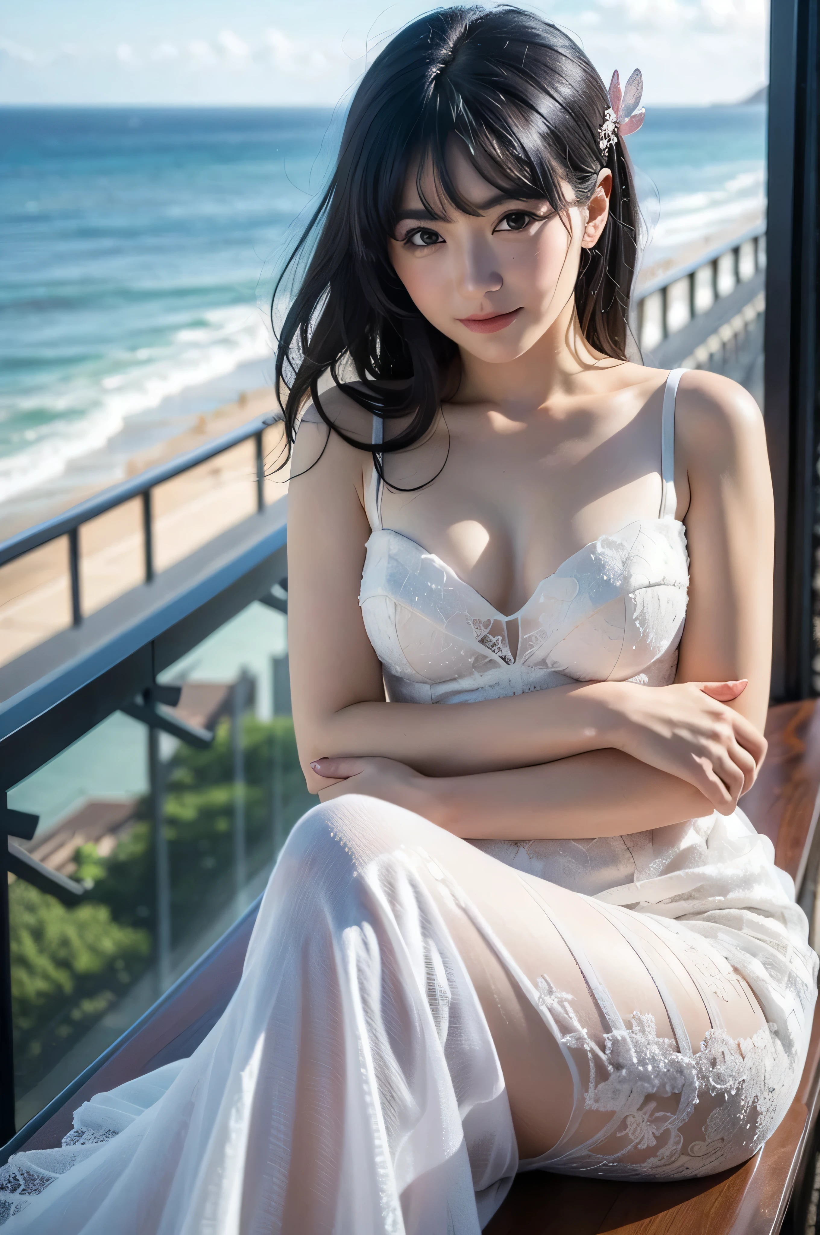 top quality, 8k, 32K, masterpiece, Photorealistic Images, beautiful face, perfect face, highly detailed beautiful face and eyes, colors and, (detailed skin:1.2, Skin blemishes:0.5), real human skin, perfect skin,
smile,
cowboy shot,
1girl, Beautiful Japanese Woman,Age 25, watching viewers, smaller, Beautiful Breasts, skinny body, Moderate waist circumference, medium breasted,
Mai Sakurajima, long hair, Bang, (黒い髪:1.2), (Purple Eyes:1.1), ((hair clip)),
Mermaid Line Wedding Dress, Pure white lace, , mermaid dress, Body hug, Below Knee Flare, elegant,
Ocean View Chapel , Seaview Association, Shonan Beach,