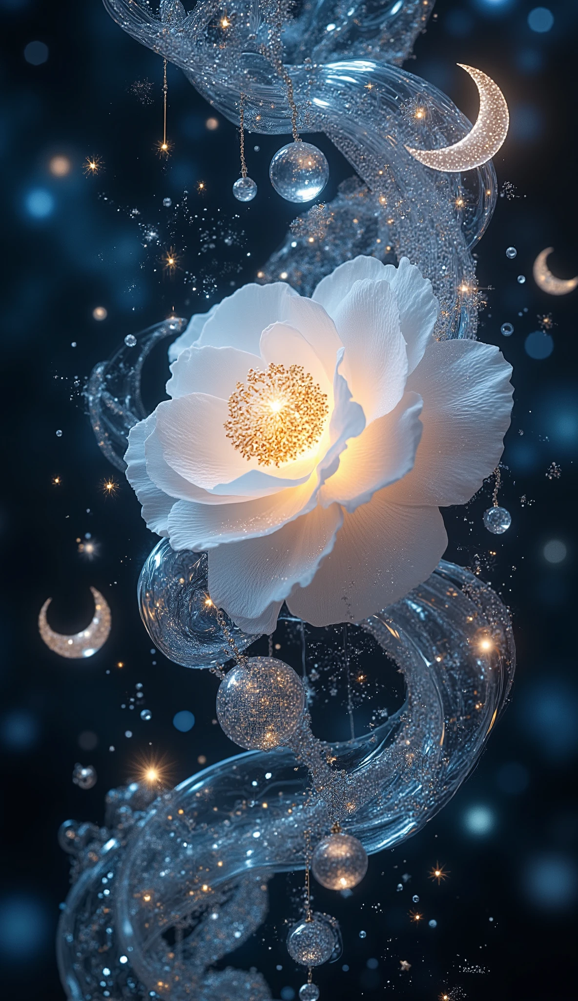 An elegant tsubaki (camellia) flower surrounded by delicate star chains, crescent moons, and shimmering ornaments, glowing softly in a night-blue fantasy space, traditional Japanese motifs interwoven with crystal strands and sparkles, full-frame layout