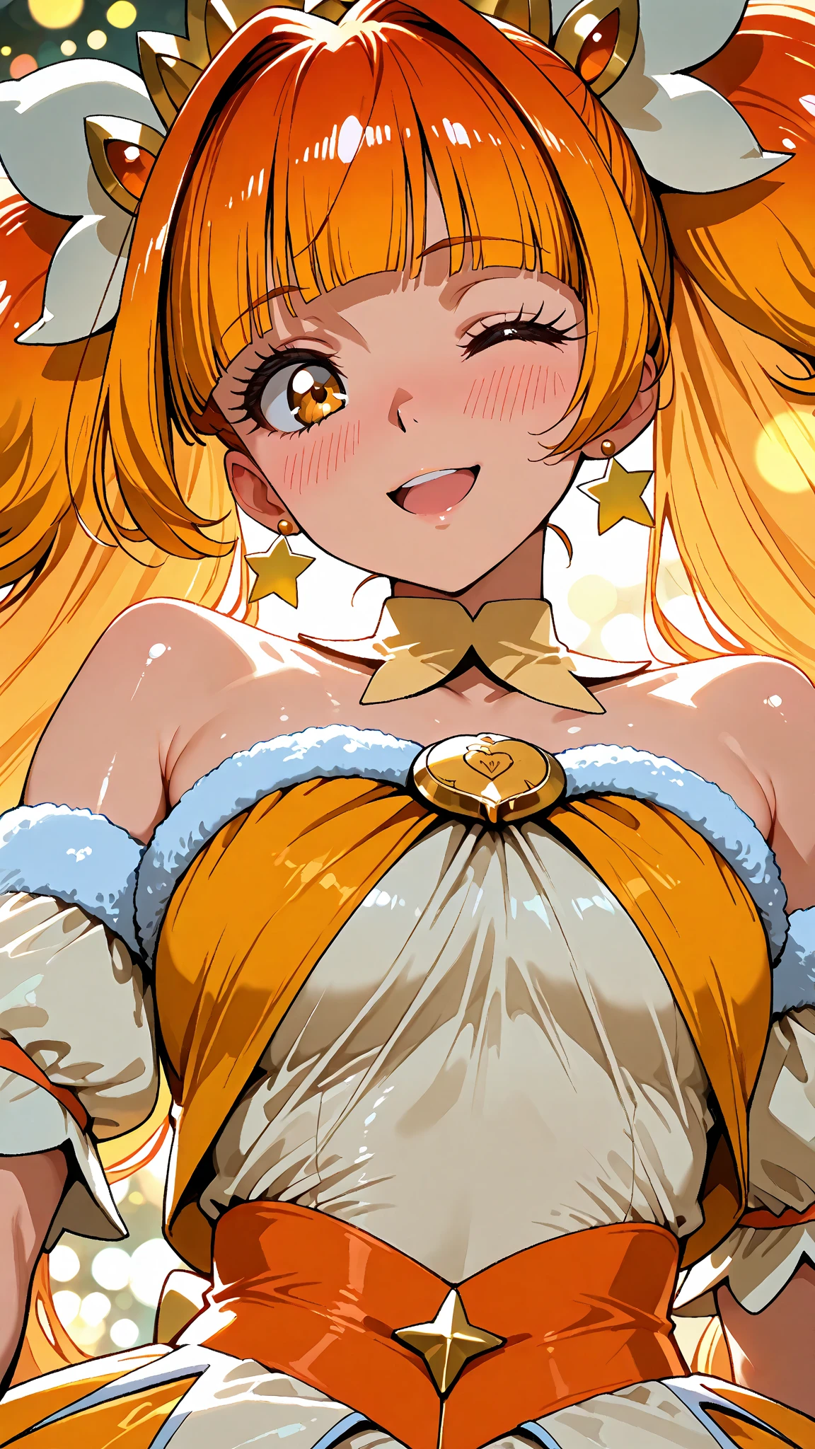 score_9, score_8_up, score_7_up, outdoor,
BREAK
source_anime, 
BREAK
1girl, curepeace, ponytail, yellow hair, elect big , huge breasts, happy,  spoken heart, 
navel, wing hair ornament, wrist cuffs, friled skirt, thighhighs,
tall, leggy, glistened skin, oiled skin, shiny skin, heavy breathing, wide hips, tight waist, thick thighs,
contrapposto, ,
looking_at_viewer,