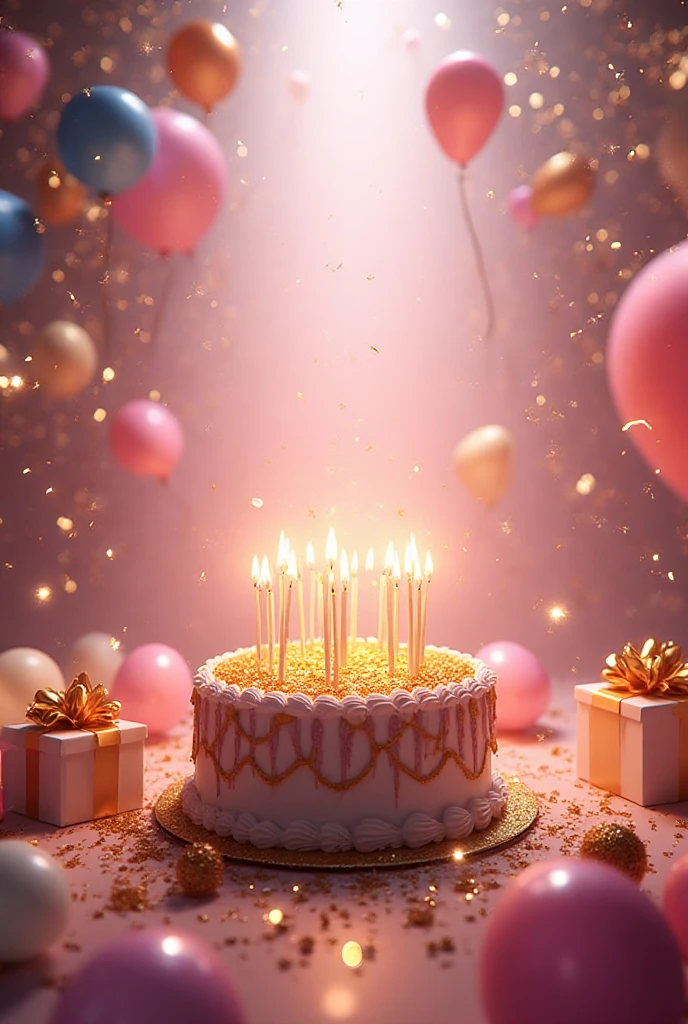 Birthday party with delicious cake, There are birthday candles and colorful balloons, Full of shredded paper, Backgroud de salar de festas