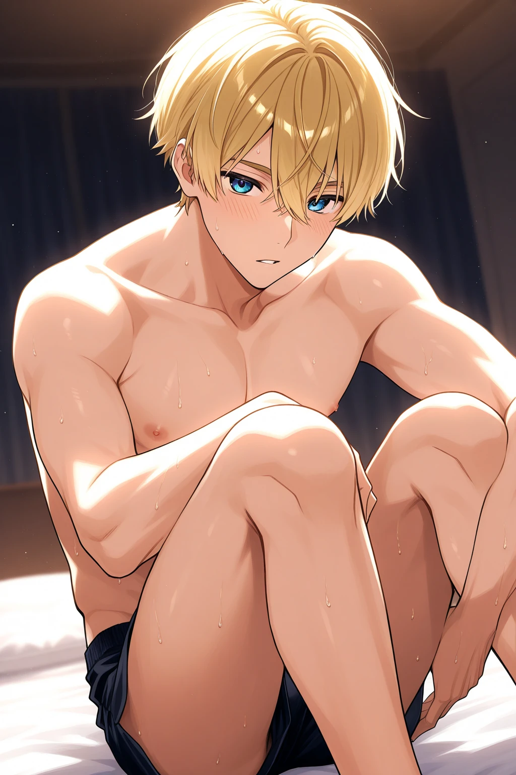 masterpiece, best quality, high quality,  1boy,8yo, boy focus, full body, looking at viewer, light yellow hair,spiky hairstyle, short hair, steam smork, japan style,  anime coloring, crying, home muji style, detailed face, ???????, white towel on waist,finely eye and detailed face,bulge, onsen japanese style