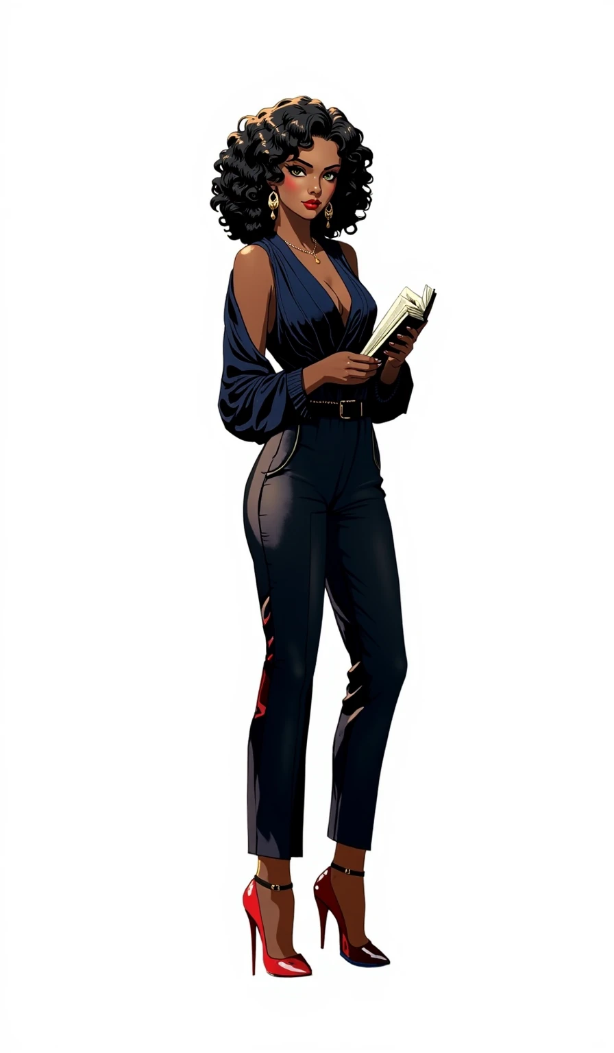 Cardinal, a gorgeous bartender woman with (dark skin, short curly black hair) wearing a black polo, tight slacks. Athletic, huge breasts, wide hips. Short curly black hair, mixing a drink. Smiling. Confident. At a high-end bar, luxury hotel. cleavage.