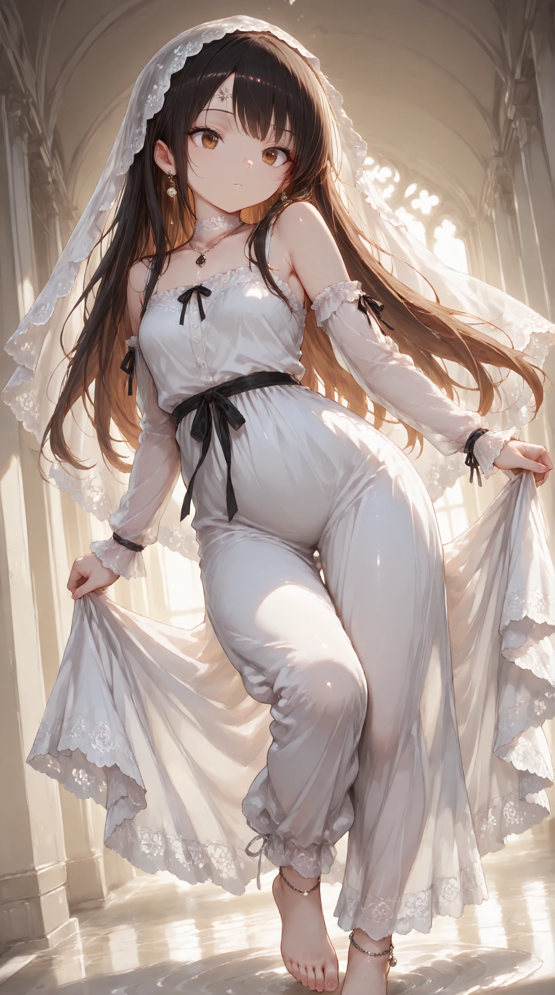 ((Little Huntress girl)) holding a rifle between her legs , battle pose,long red curling hair,((airy white sheer micro tiny dress)), sheer micro dress, , snows,Cold,4K,Detailed,Realistic, (3 years old), ((age 3)), American, beautiful, beautiful face, small, short, sensual poses