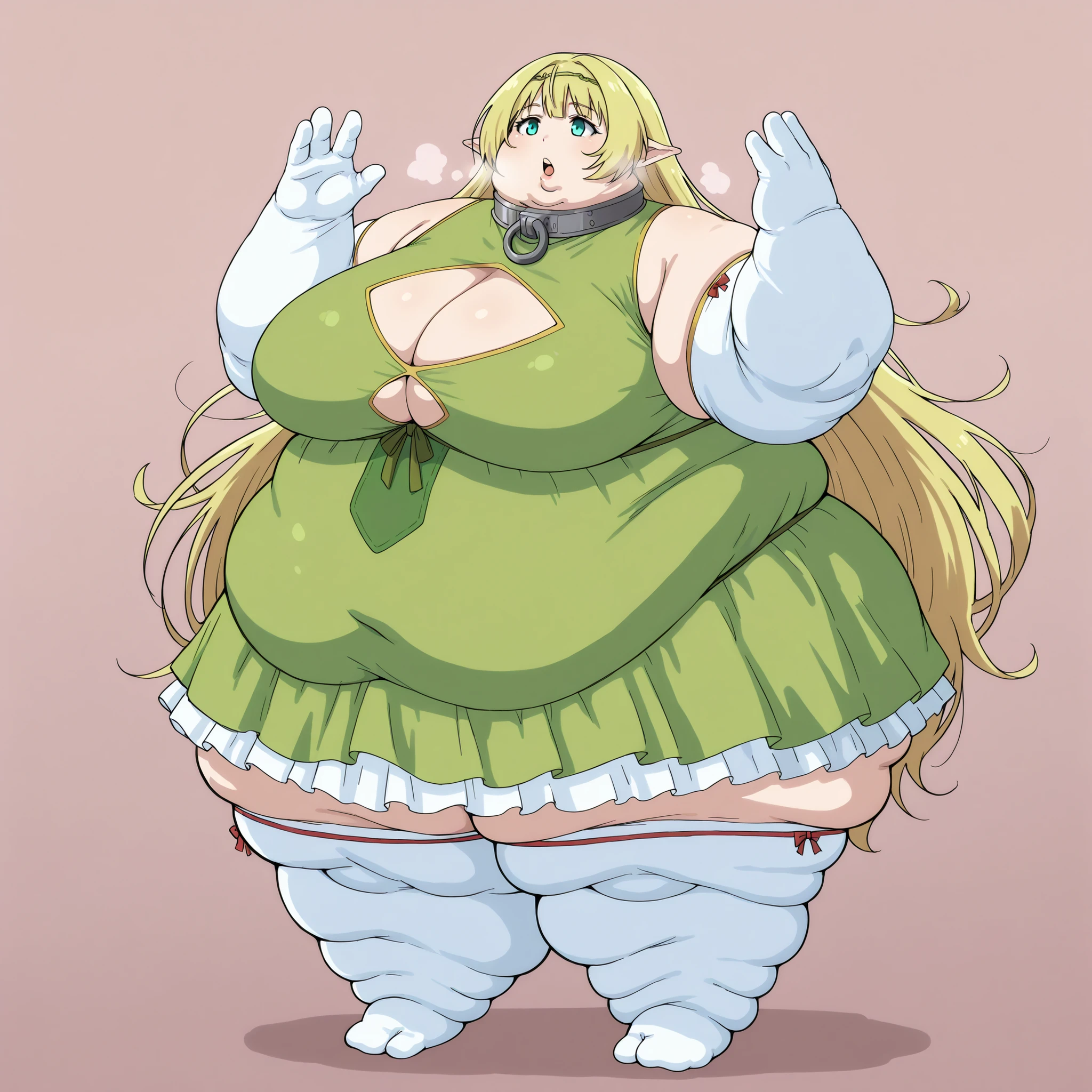 sheragreenwood, shera greenwood, long hair, blonde hair, , very long hair, hairband, pointy ears, elf, aqua eyes, thighhighs, gloves, dress, cleavage, elbow gloves, white gloves, collar, clothing cutout, cleavage cutout, green dress, metal collar, , fat, chubby, obese, fat neck, multiple chins, open mouth, out of breath, Larger female, full body shot, only head, large head, oversized limbs, large hands, large feet, oversized feet, oversized fingers, big lips, plump lips, fat face, fupa, big fupa, fat fupa,