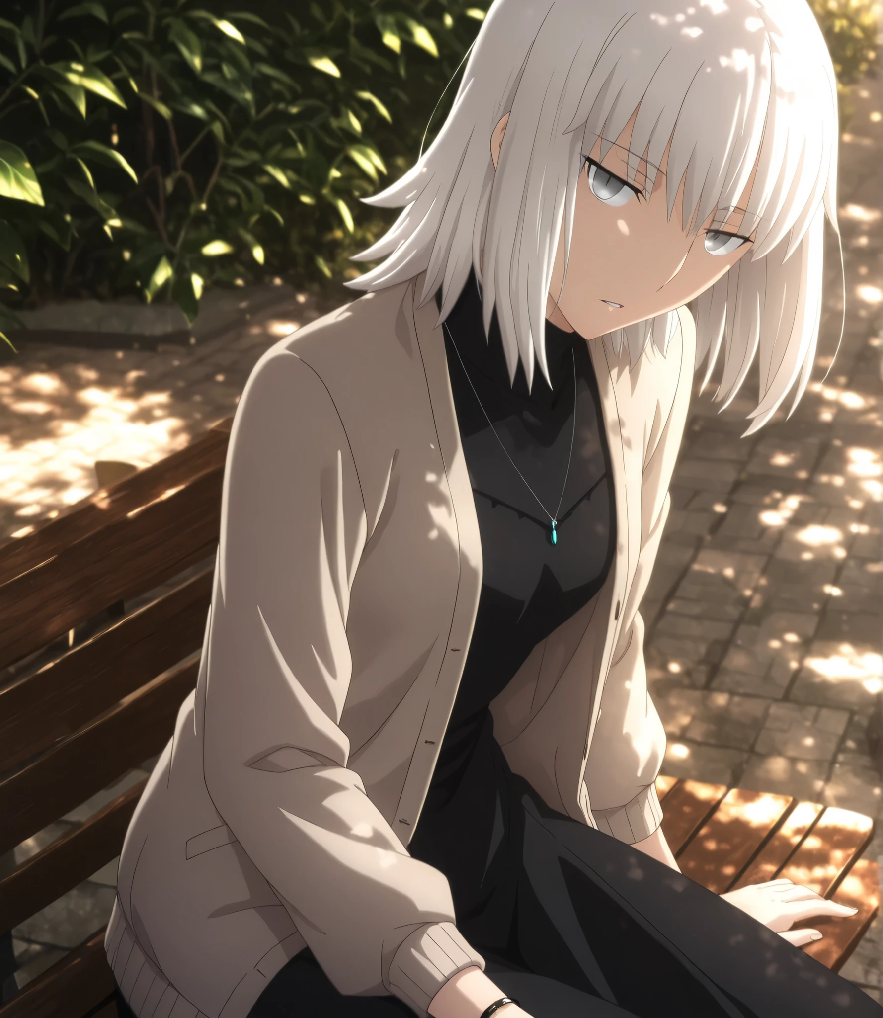ufotable style ,masterpiece,best quality,good quality,newest, 8k, from side, from above,
outdoors ,((dappled sunlight ,cinematic light, sunlight, backlight)), (sitting ), (plant ,detailed background, park),parted lips, , 
expressionless, 
looking at viewer, head tilt, bracelet,  ,(hair over eyes:0.9),wispy bangs, long bangs,(mature female:1.2),
solo,
(anime coloring, anime screencap), 
fate heaven`s feel official style, 1 mature girl, wolf cut hair,(white hair, ),(medium hair, ),(flipped hair:0.2),(tsurime ,jitome), (light gray eyes),slim long arms,(small chest),(tall girl, aged up, :1.31),
cowboy shot, , ,
(black turtle neck, black cardigan, black long knit dress, long sleeve), black long one-piece,  ,
