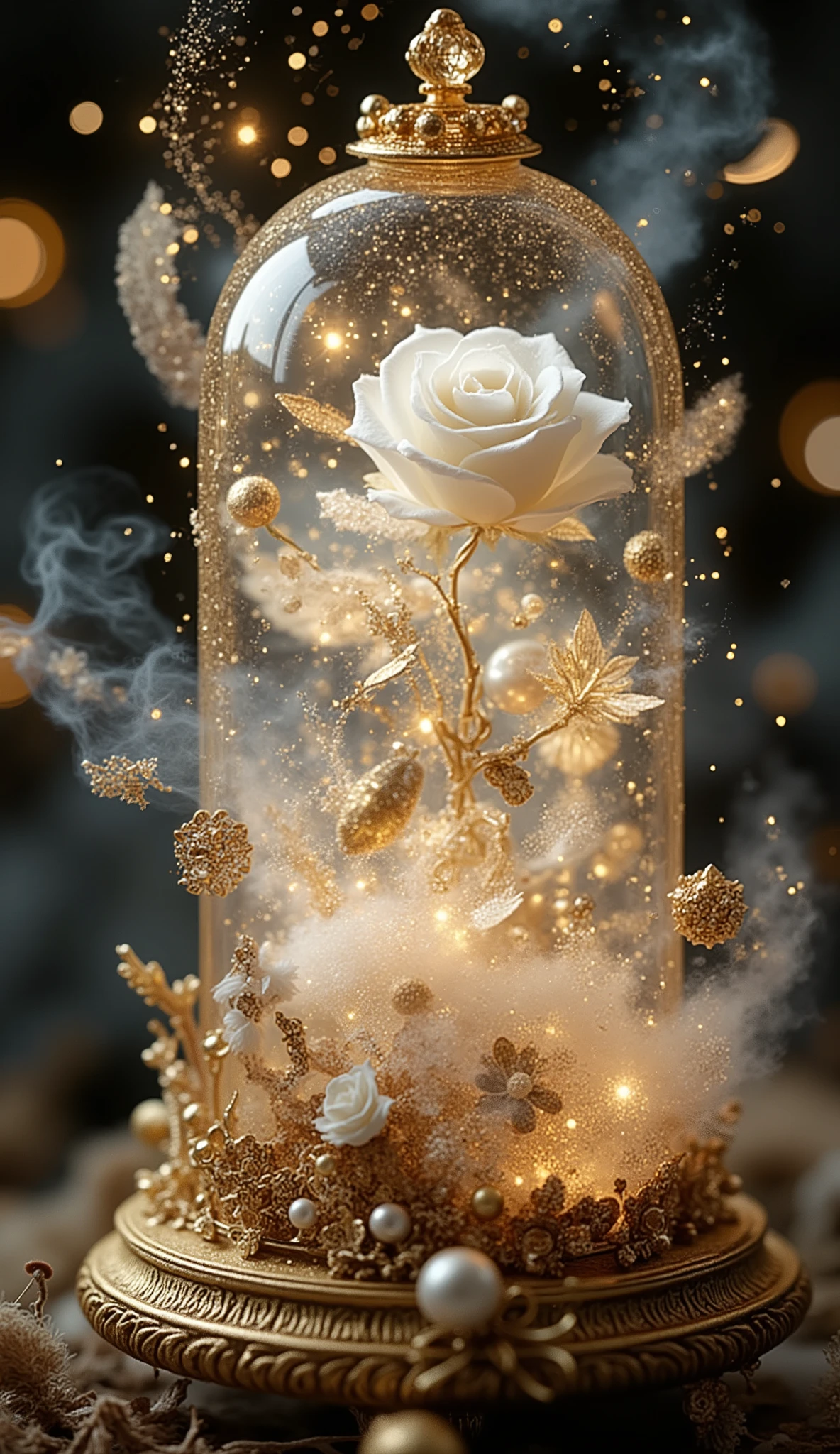 A miniature fantasy scene inside a glass dome, containing a white rose surrounded by swirling sparkles, floating feathers, soft mist, golden accents and delicate floral ornaments, full-frame composition, magical glowing light
