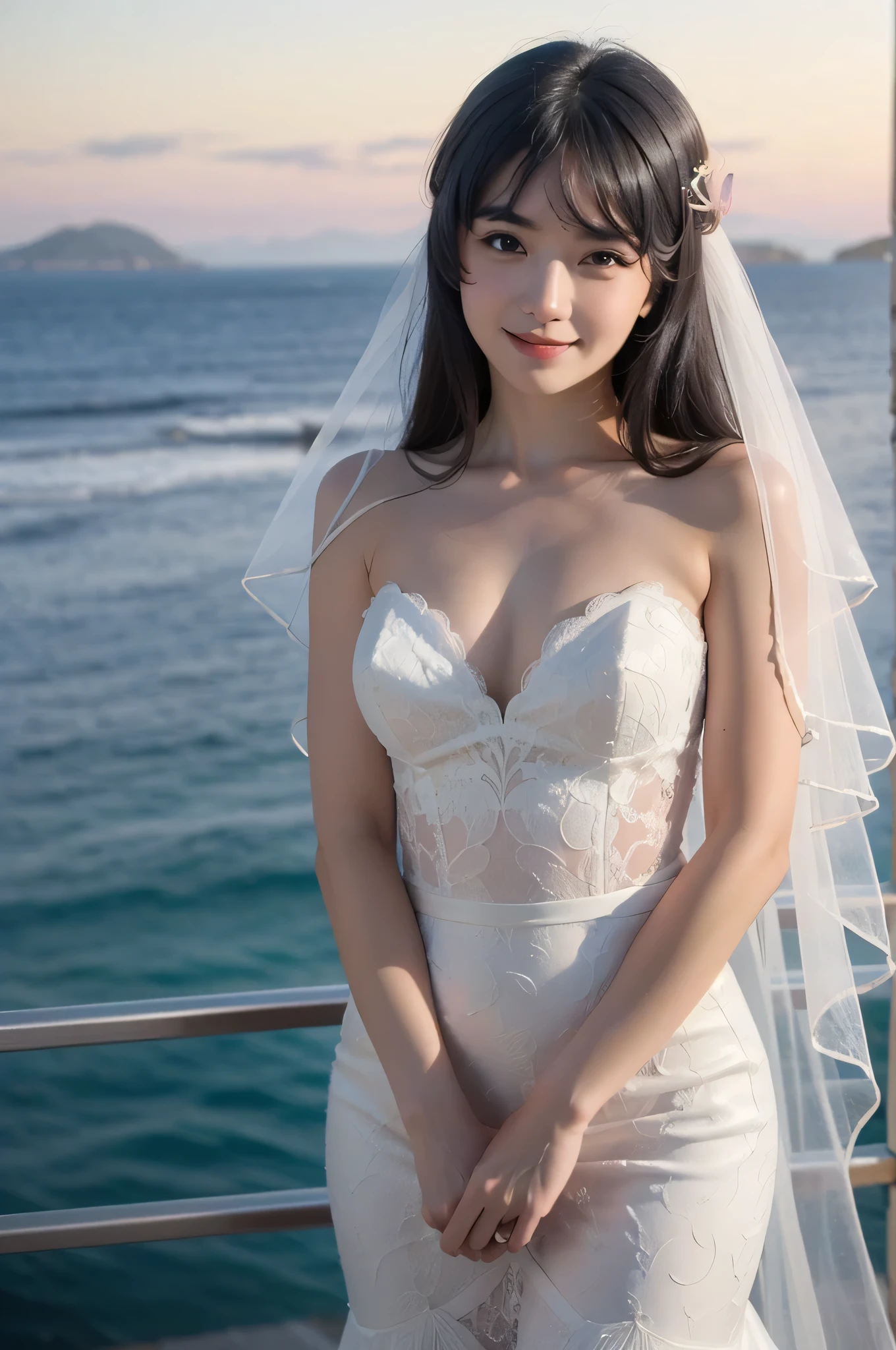 Best quality, 8k, 32k, Masterpiece, photorealistic image, beautiful face, perfect face, highly detailed beautiful face and eyes, attractive face, (detailed skin:1.2, skin blemish:0.5), real human skin, perfect skin,
smile,
cowboy shot,
1girl, beautiful japanese woman,25 years old, looking at viewer, Petite, beautiful breasts, skinny body, moderate waist, medium breasts,
mai sakurajima, long hair, bangs, (black hair:1.2), (purple eyes:1.1), ((hairclip)),
mermaid-Line wedding dress, pure white lace, long train, mermaid dress, body-hugging, flares below knees, elegant, long wedding veil,
Chapel with a view of the sea, Sea view association, Shonan coast,