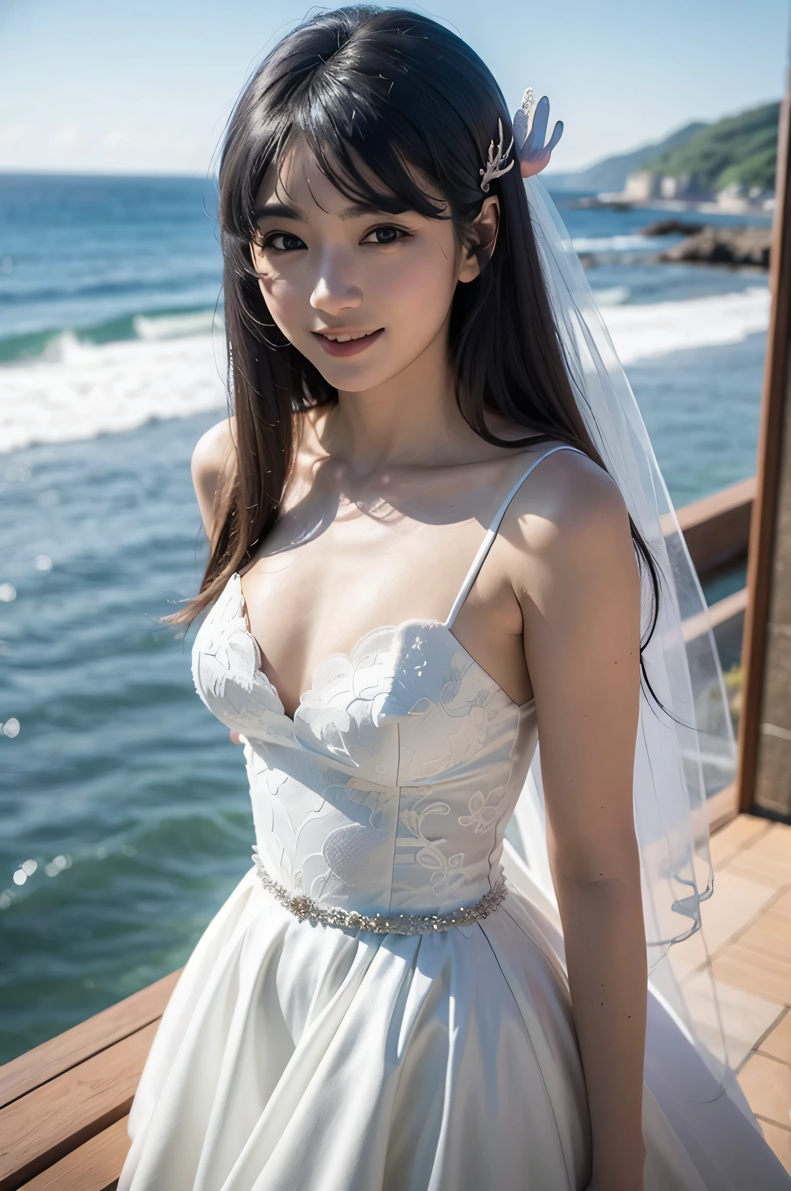 top quality, 8k, 32K, masterpiece, Photorealistic Images, beautiful face, perfect face, highly detailed beautiful face and eyes, colors and, (detailed skin:1.2, Skin blemishes:0.5), real human skin, perfect skin,
smile,
cowboy shot,
1girl, Beautiful Japanese Woman,Age 25, watching viewers, smaller, Beautiful Breasts, skinny body, Moderate waist circumference, medium breasted,
Mai Sakurajima, long hair, Bang, (黒い髪:1.2), (Purple Eyes:1.1), ((hair clip)),
Mermaid Line Wedding Dress, Pure white lace, , mermaid dress, Body hug, Below Knee Flare, elegant, long wedding veil,
Ocean View Chapel , Seaview Association, Shonan Beach,