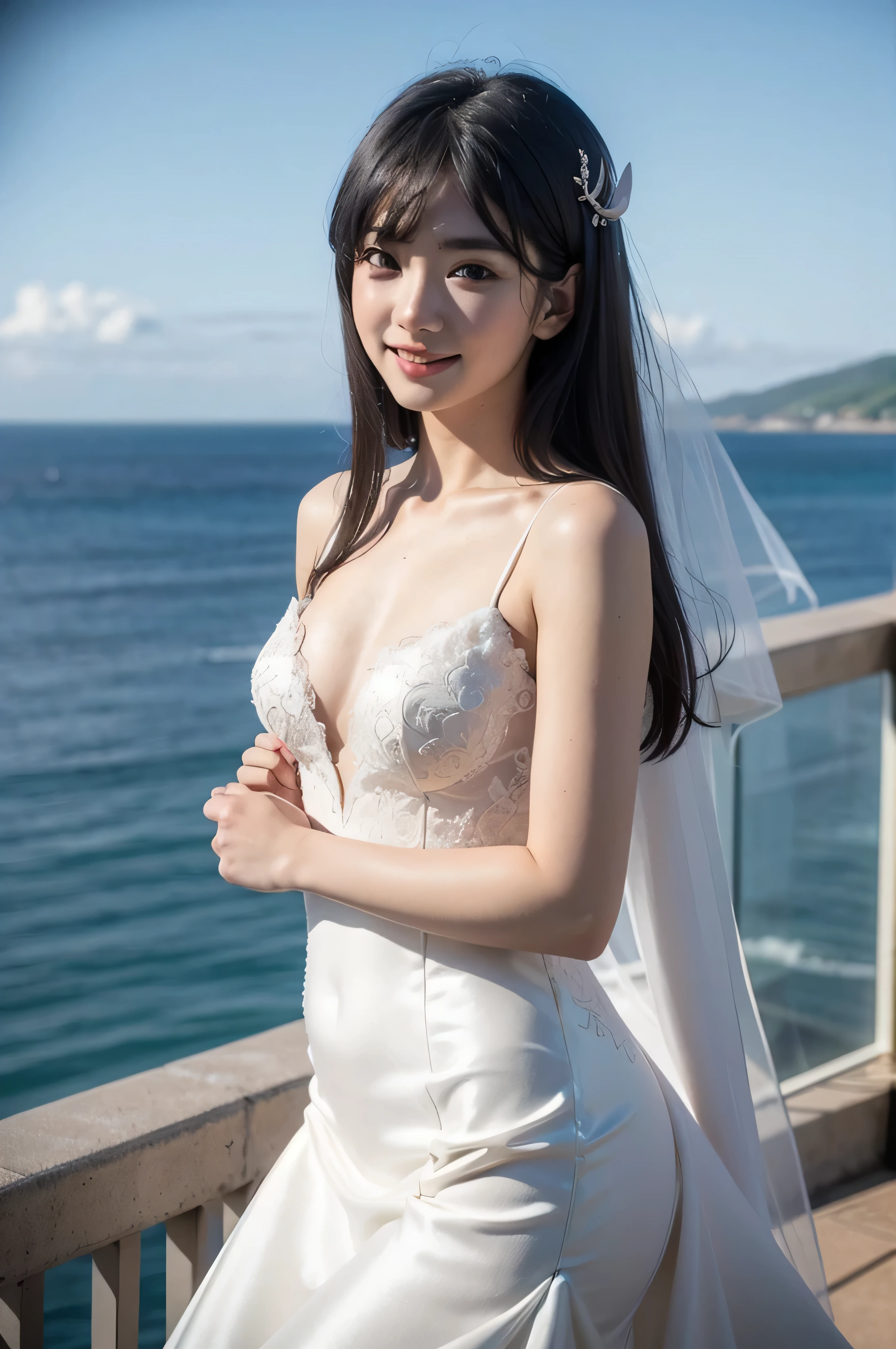 top quality, 8k, 32K, masterpiece, Photorealistic Images, beautiful face, perfect face, highly detailed beautiful face and eyes, colors and, (detailed skin:1.2, Skin blemishes:0.5), real human skin, perfect skin,
smile,
cowboy shot,
1girl, Beautiful Japanese Woman,Age 25, watching viewers, smaller, Beautiful Breasts, skinny body, Moderate waist circumference, medium breasted,
Mai Sakurajima, long hair, Bang, (黒い髪:1.2), (Purple Eyes:1.1), ((hair clip)),
Mermaid Line Wedding Dress, Pure white lace, , mermaid dress, Body hug, Below Knee Flare, elegant, long wedding veil,
Ocean View Chapel , Seaview Association, Shonan Beach,