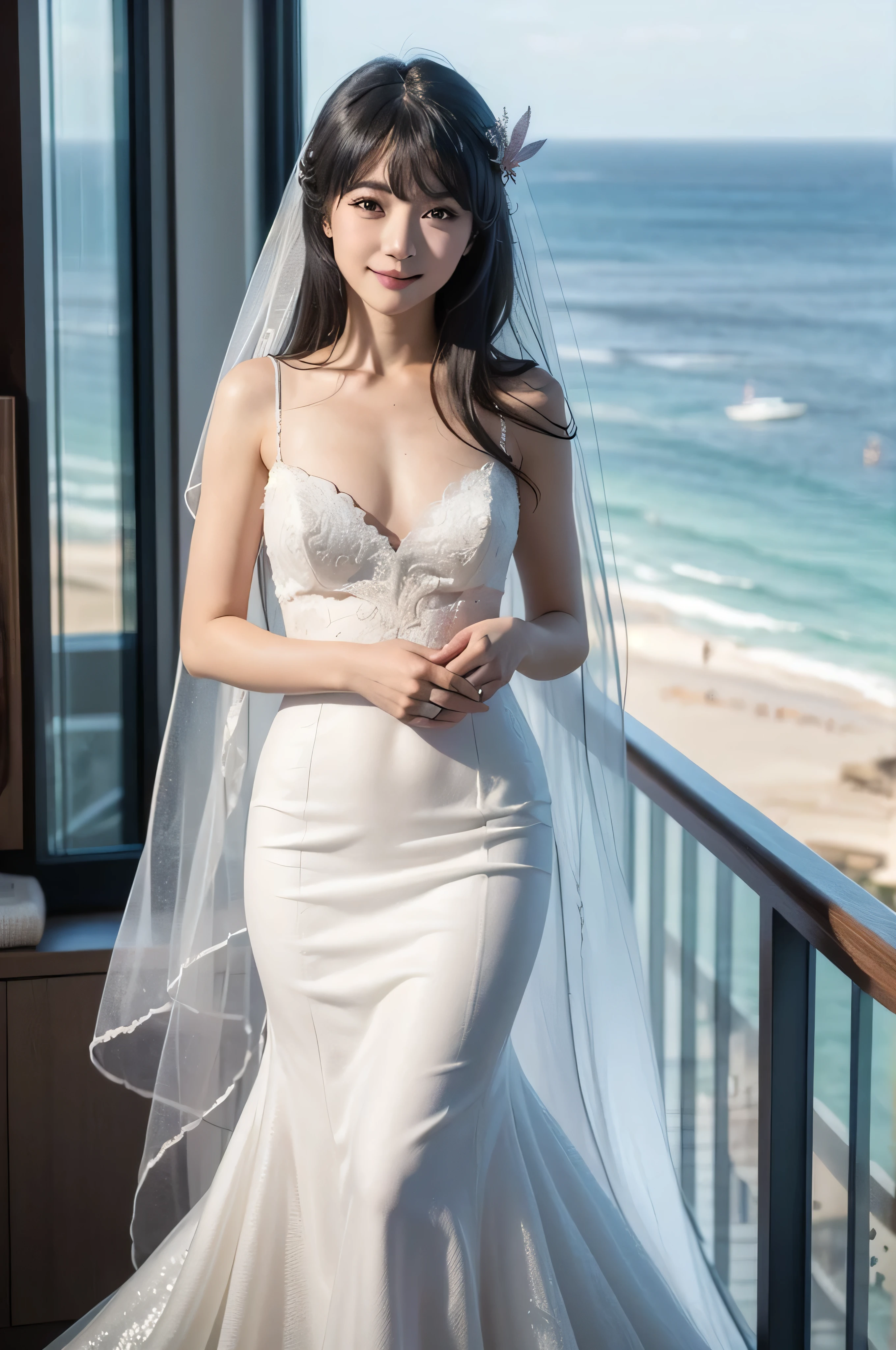 top quality, 8k, 32K, masterpiece, Photorealistic Images, beautiful face, perfect face, highly detailed beautiful face and eyes, colors and, (detailed skin:1.2, Skin blemishes:0.5), real human skin, perfect skin,
smile,
cowboy shot,
1girl, Beautiful Japanese Woman,Age 25, watching viewers, smaller, Beautiful Breasts, skinny body, Moderate waist circumference, medium breasted,
Mai Sakurajima, long hair, Bang, (黒い髪:1.2), (Purple Eyes:1.1), ((hair clip)),
Mermaid Line Wedding Dress, Pure white lace, , mermaid dress, Body hug, Below Knee Flare, elegant, long wedding veil,
Ocean View Chapel , Seaview Association, Shonan Beach,