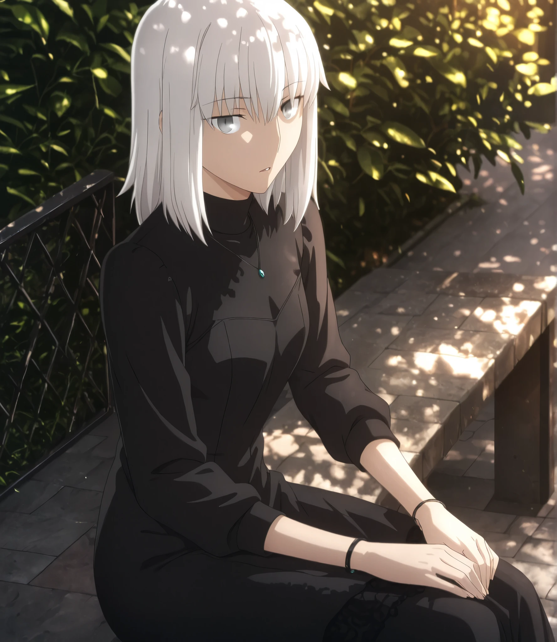 ufotable style ,masterpiece,best quality,good quality,newest, 8k, from side, from above,
outdoors ,((dappled sunlight ,cinematic light, sunlight, backlight)), (sitting ), (plant ,detailed background, park),parted lips, , 
expressionless, light surprised, 
looking at viewer, head tilt, bracelet,  ,(hair over eyes:0.9),wispy bangs, long bangs,(mature female:1.2),
solo,
(anime coloring, anime screencap), 
fate heaven`s feel official style, 1 mature girl, wolf cut hair,(white hair, ),(medium hair, ),(flipped hair:0.2),(tsurime ,jitome), (light gray eyes),slim long arms,(small chest),(tall girl, aged up, :1.31),
cowboy shot, , ,
(black turtle neck, black cardigan, black long knit dress, long sleeve), black long one-piece,  ,