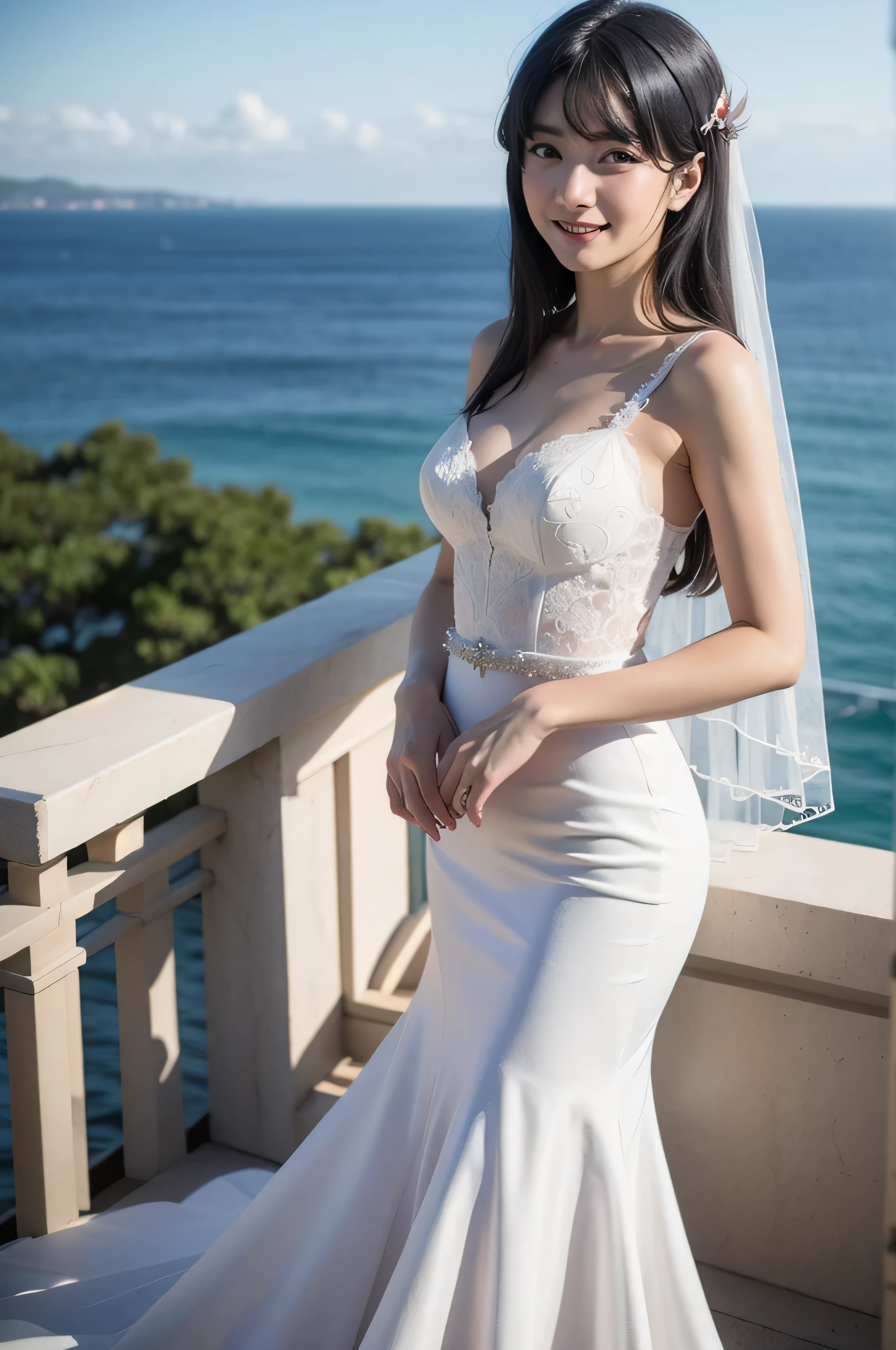 top quality, 8k, 32K, masterpiece, Photorealistic Images, beautiful face, perfect face, highly detailed beautiful face and eyes, colors and, (detailed skin:1.2, Skin blemishes:0.5), real human skin, perfect skin,
smile,
cowboy shot,
1girl, Beautiful Japanese Woman,Age 25, watching viewers, smaller, Beautiful Breasts, skinny body, Moderate waist circumference, medium breasted,
Mai Sakurajima, long hair, Bang, (黒い髪:1.2), (Purple Eyes:1.1), ((hair clip)),
Mermaid Line Wedding Dress, Pure white lace, , mermaid dress, Body hug, Below Knee Flare, elegant, long wedding veil,
Ocean View Chapel , Seaview Association, Shonan Beach,