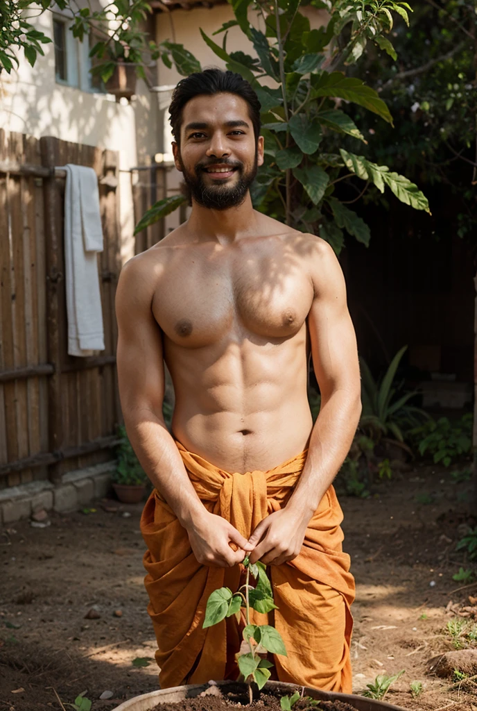 a man covering his penis with a towel , and digging in a jungle in an indian village 