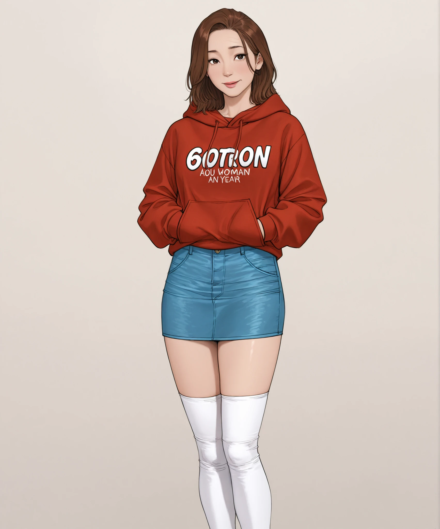 Realistic  2d, brown hairstyles, european, , white long kneesocks, Hoodies, denim skirt, adult woman, American Appearance, solo, A 40-year-old woman , thigh high  