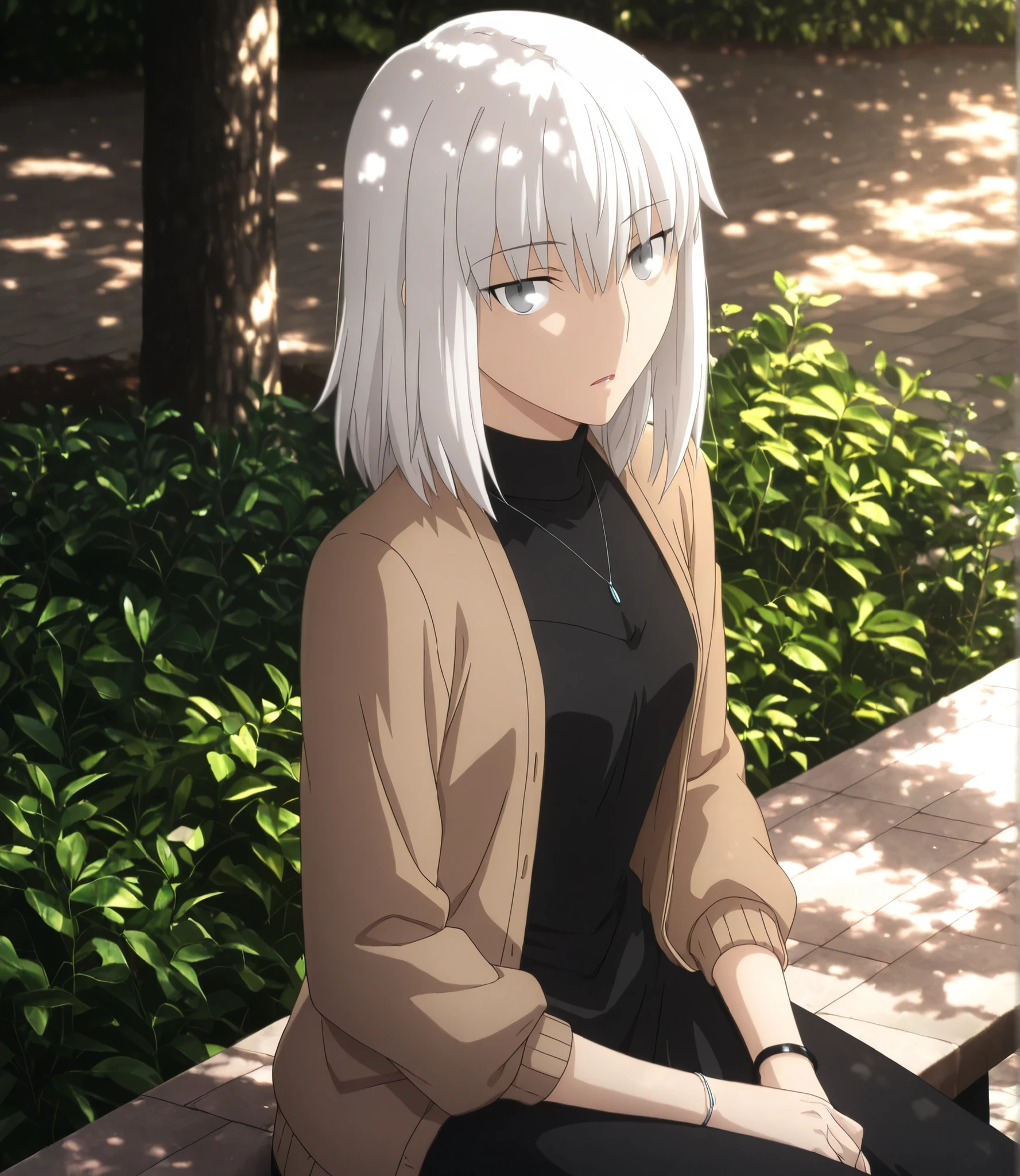 ufotable style ,masterpiece,best quality,good quality,newest, 8k, from side, from above,
outdoors ,((dappled sunlight ,cinematic light, sunlight, backlight)), (sitting ), (plant ,detailed background, park),parted lips, , 
expressionless, light surprised, 
looking at viewer, head tilt, bracelet,  ,(hair over eyes:0.9),wispy bangs, long bangs,(mature female:1.2),
solo,
(anime coloring, anime screencap), 
fate heaven`s feel official style, 1 mature girl, wolf cut hair,(white hair, ),(medium hair, ),(flipped hair:0.2),(tsurime ,jitome), (light gray eyes),slim long arms,(small chest),(tall girl, aged up, :1.31),
cowboy shot, , ,
(black turtle neck, dark brown cardigan, black long knit dress, long sleeve), black long one-piece,  ,