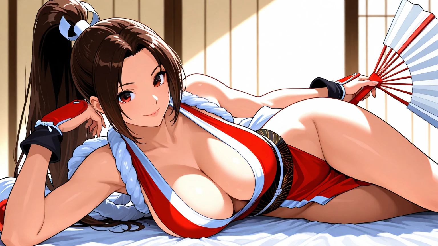 masterpiece、High resolution、high resolution、4K、8K、(((Spread your legs and show your panties、Big Breasts、Exposing the breasts)))、((Shiny underwear)))、Red gi、Beautiful beauty、Long black hair、((whole body))、(((Photo taken from below)))、dojo、Large Breasts、Big Breasts、mini skirt、Panties are black、Japanese、tall、Long limbs、18-year-old、Mai Shiranui、A beautiful nose like a model、Put your hands on your hips、Natural smile、Sexy pose、Hairstyle: Ponytail、Beautiful belly button
