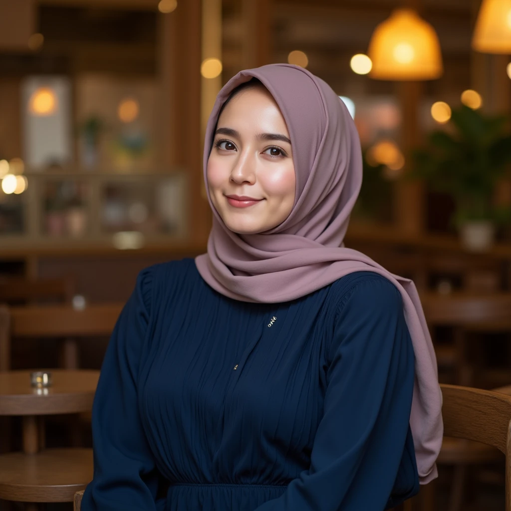 Portrait photography of a beautiful young malay girl in hijab wearing white modest Square Neck Bow Front Floral Jacquard Dress , fully cover dress, catwalk, nighttime, crowded mall background, bright lighting, smile and happy gesture, small abs, wide , thick thighs, small abs, , detail skin texture, 4k, high detail, ultra detail, detailed skin texture, Nikon D850, Photographie de film ,4 Kodak Portra 400 ,camera f1.6 lentilles ,hyper realistic ,lifelike texture, dramatic lighting , Cinestill 800,  (high detail face:1.4) (sourire:0.7)