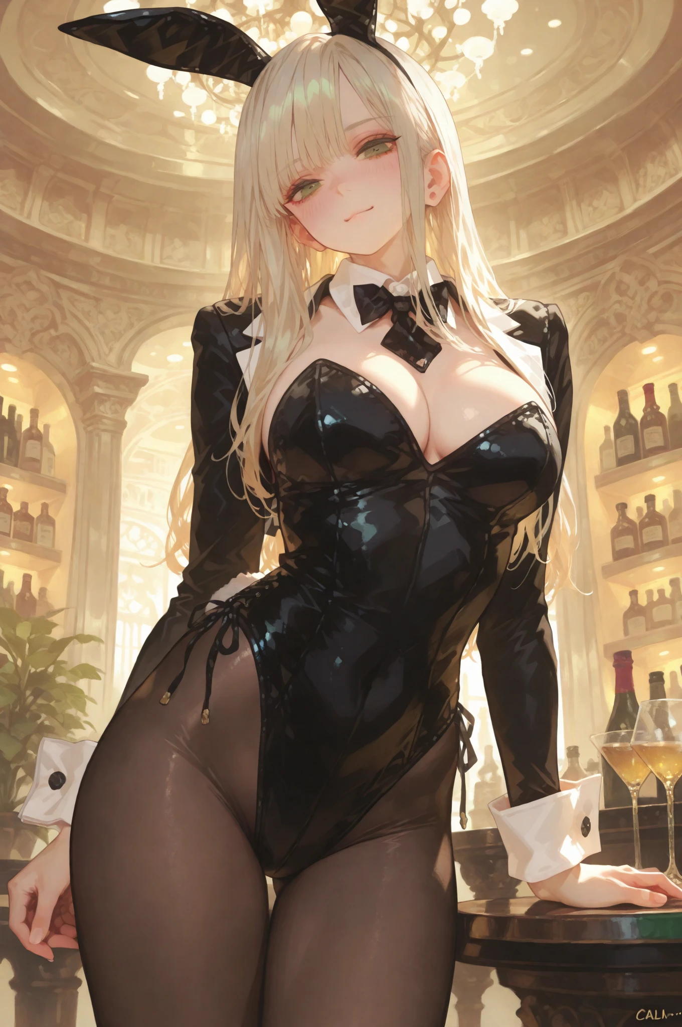 ((????, tall beautiful russian playboy supermodel)) ((Big bright blue eyes)) ((dark eyeshadows make up)) ((bright red lipstick)), ((very happy smile)) ((very long messy light blonde hair)) ((???????????:1.6)) ((slender body:1.3)) ((wear playboy bunny suit)) ((choker, fishnet stocking, gloves, tie)) ((bunny ears))((posing ????, sit on bar)) ((high definition:1.5), ((low intencity lights)) ((masterpiece:1.5))((8k:1.5)) ((Best quality:1.4))