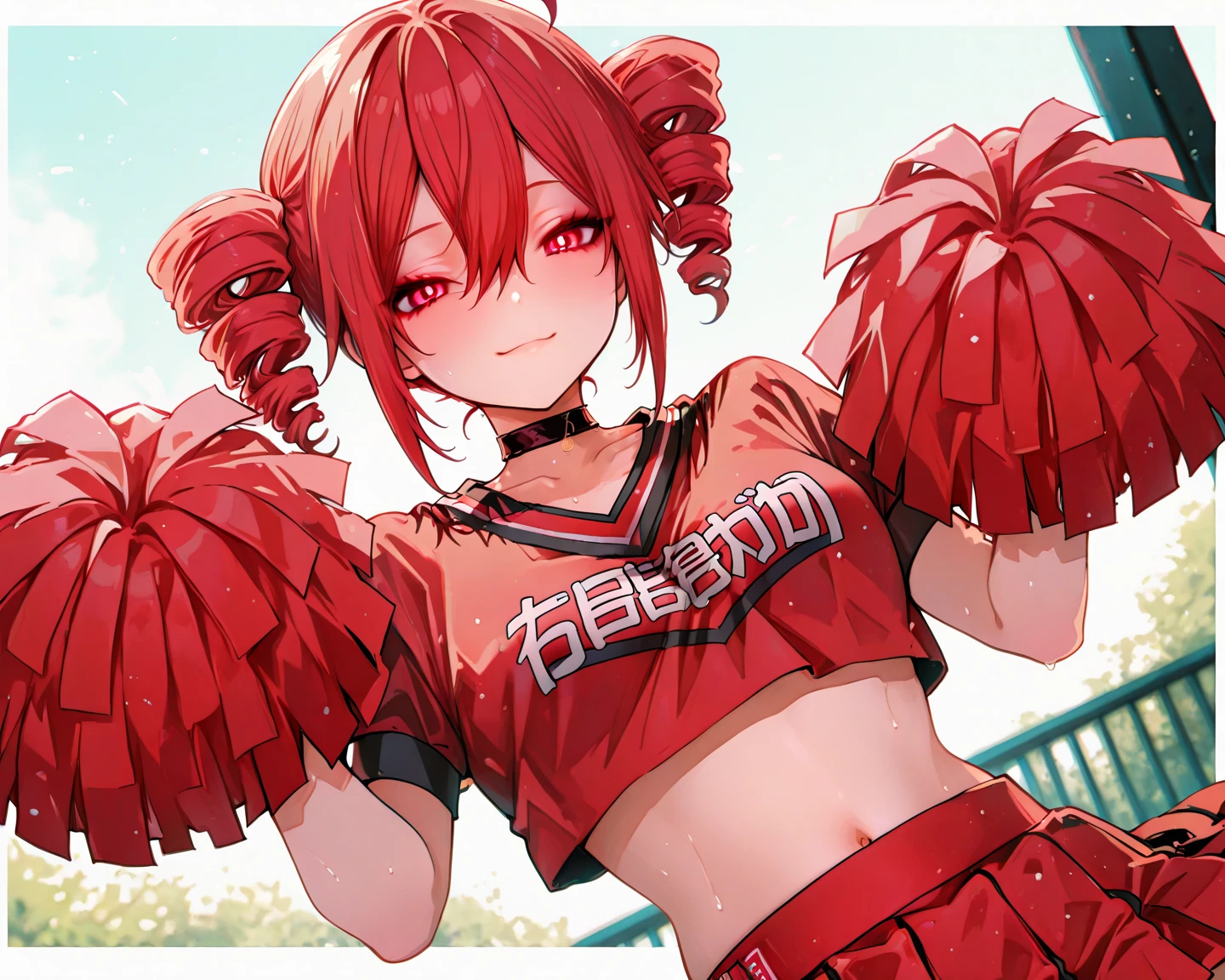 1girl, Medium tits、a navel、a 、Red Buruma、Raw feet、armpit、Beautiful thighs、is standing、outside of house、sports ground、red blush、A smile, cheerleaders、pompoms、Raising one leg、Pink medium hair、, 