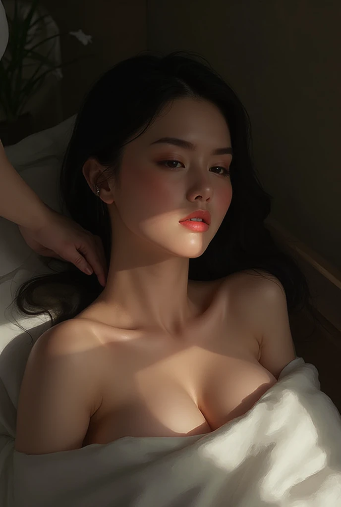 Top quality photos of sexy beautiful women:1.2),（Luis Royo, fantasy and , :1.2),beautiful and stylish woman, Surreal portrait of a beautiful girl, Glowing, natural skin texture,(Particles of light are floating ), (complete :1.2),(perfect female body:1.3),close-up photo, Glowing, natural skin texture, fantasy art, soft front lighting, beautiful expression, Cute face,(overly detailed face, looking at viewer), detailed eyes, black eye, shiny lips ,beautiful breasts, big bust: 1.2, good eyes, clear and eye-catching, beautiful and fascinating, beautiful eyes, thin waist, physically thin, Beautiful appearance, red lips, ((black hair, long hair)) , 1 screen view, (sexy posture),((((all  ,lots of pubic hair)))),(smile),(best quality, bed highly detailed, Ultra A high resolution, realistic, RAW photos, absurd, absolute resolution:1.4),(((Open your  when you sleep:1.5))),red lipstick,