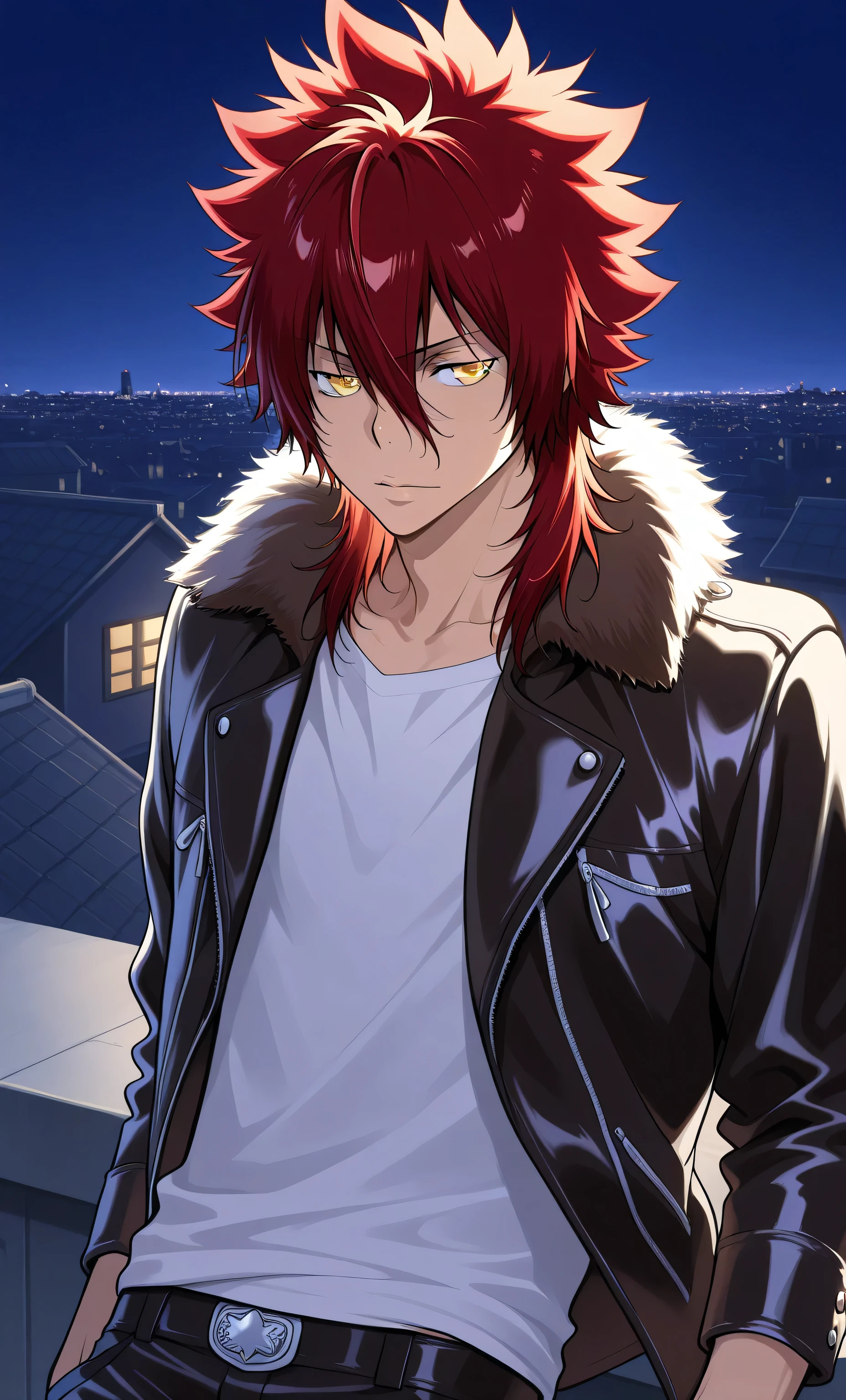 1male, solo, Suoh Mikoto, yellow eyes, red hair, medium hair, fur leather jacket, white shirt, black pants, muscle, portrait, rooftop, night, Katekyo Hitman Reborn