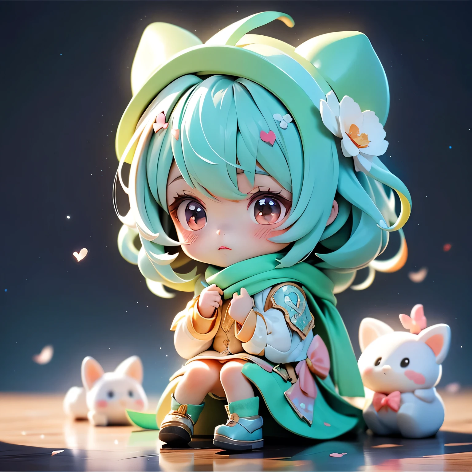 Masterpiece, best quality, 8k, ultra-detailed chibi anime-style girl sitting alone on a wooden bench. She has big glossy eyes filled with sadness, a small trembling mouth, and slightly drooping shoulders. Her short soft hair falls gently around her face as she sits quietly with her hands on her lap. She wears a cozy pastel outfit with a cute scarf, and the atmosphere is calm but emotional. Soft lighting, gentle shadows, and a peaceful background enhance her lonely, melancholic expression.
