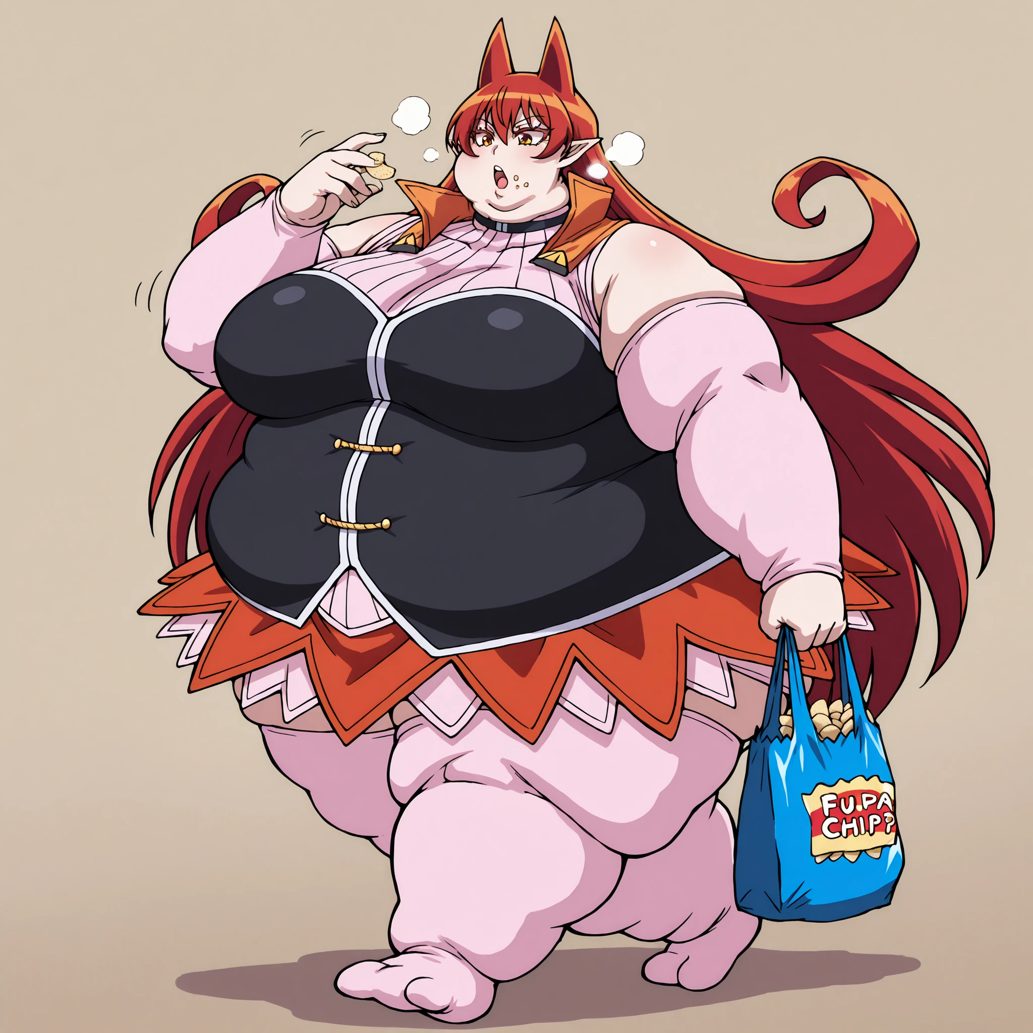 hair horns, curly hair, very long hair, hair between eyes, red hair, orange eyes, pointy ears, colored eyelashes,
black choker, high collar, orange collar, turtleneck shirt, sleeveless shirt, ribbed shirt, pink shirt, black corset, detached sleeves,
miniskirt, layered skirt, orange skirt, pink skirt, pink thighhighs, fat, chubby, obese, fat neck, multiple chins, big breasts open mouth, out of breath, Larger female, full body shot, only head, large head, oversized limbs, large hands, large feet, oversized feet, oversized fingers, big lips, plump lips, fat face, fupa, big fupa, fat fupa, walking, eating a bag of chips, crumbs