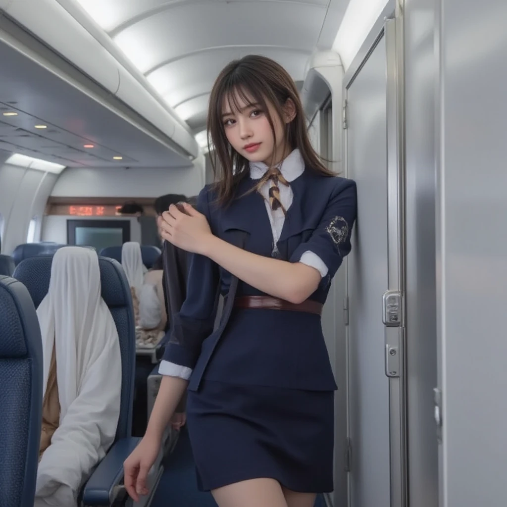 「(masutepiece, High quality, Ultra High Quality, 4K)OL、Emphasis on the thighs、Office Suits:1.2、Sitting on the train at night、s asleep:1.3、The inside of the skirt is white :1.3、((Opening legs:1.5))、Face-to-face angle,(Angle from below),Sitting in a train seat,Sitting at the front，Zoom camera in the crotch,Feet are on the floor of the train,full body Esbian,Best Quality,(Photorealistic:1.4),, High resolution, detail, Raw photo,