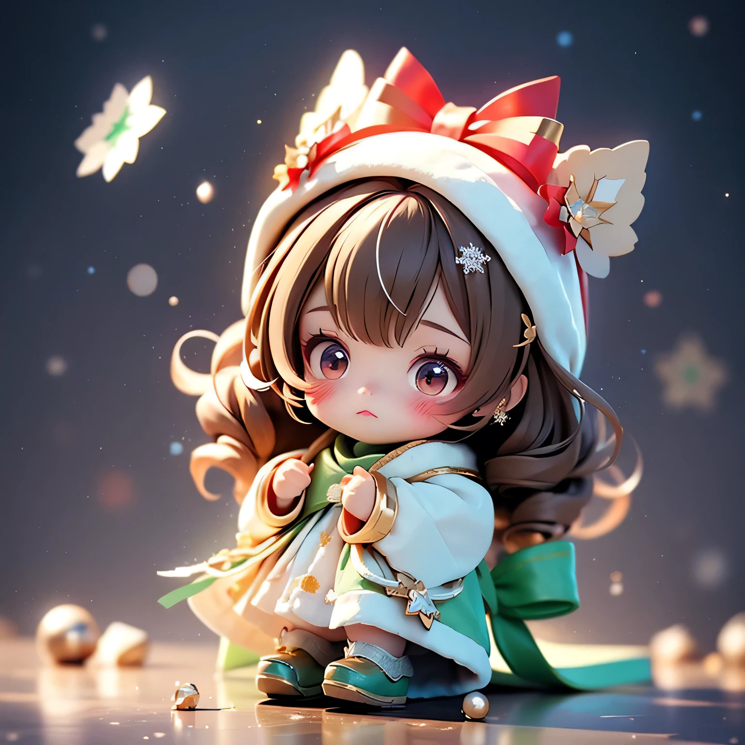 Masterpiece, best quality, 8k, ultra-detailed chibi style Christmas girl with long wavy chestnut-brown hair styled in soft twin curls, warm amber-brown eyes, rosy cheeks, and she's sad.---------------------------------- She is wearing a festive winter outfit inspired by reindeer — a cozy dark green and red patterned dress with folk-style details, a fluffy white shawl trimmed with soft fur, and a cute reindeer headband with small antlers. She holds seasonal greenery and berries in one hand and a beautifully wrapped Christmas gift in the other. she wear a christmas shoes. She is sad
The background is a charming winter illustration setting — floating golden stars, soft sparkles, warm glowing light accents, and a cozy festive atmosphere. Gentle lighting, smooth shading, and delicate highlights enhance her adorable chibi proportions and doll-like realism. The atmosphere is magical, cozy, and joyful — hyper-detailed, chibi doll.