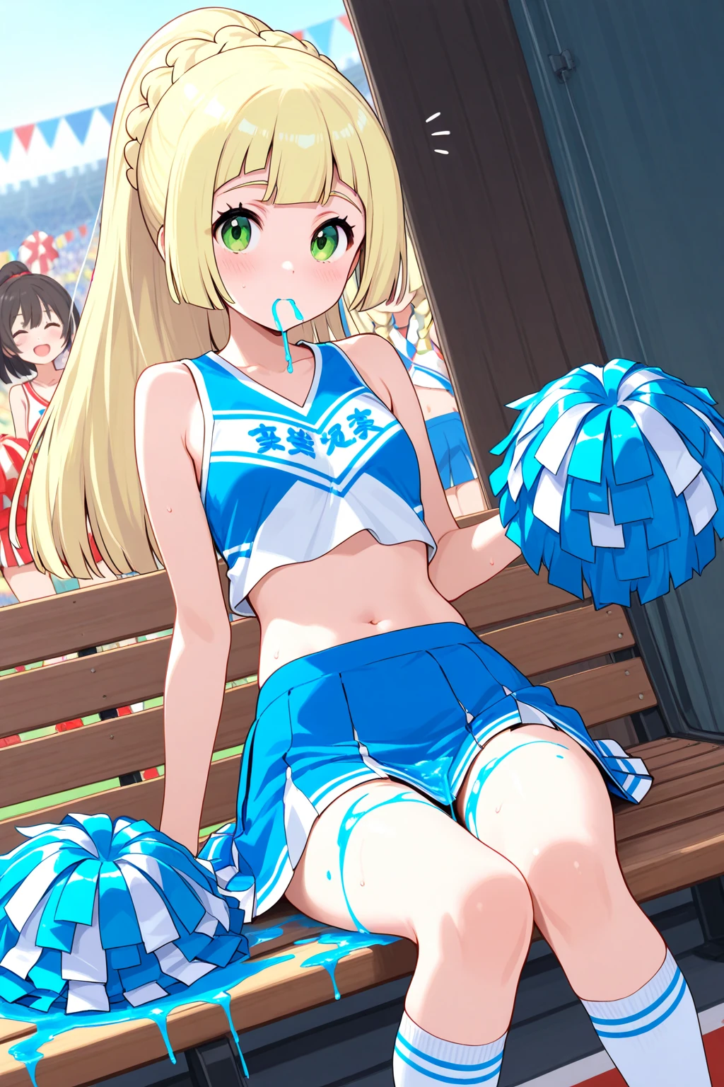 NSFW,Honoka kousaka love live, cowboy shot, blue eyes, orange hair,hair flower, sailor top, sleeveless, , micro skirt, perfect eyes, Perfect iris，Perfect skin，Soft front light，outdoor；（pastel colour:1.2),(lipstick:0.8) , pose,wink, standing, mommy,low twintails, curvy thicc body , Long hair , blushing , one leg up,leg holding , cheerleader, cheering , sweating , bouncing  , multiple boys 