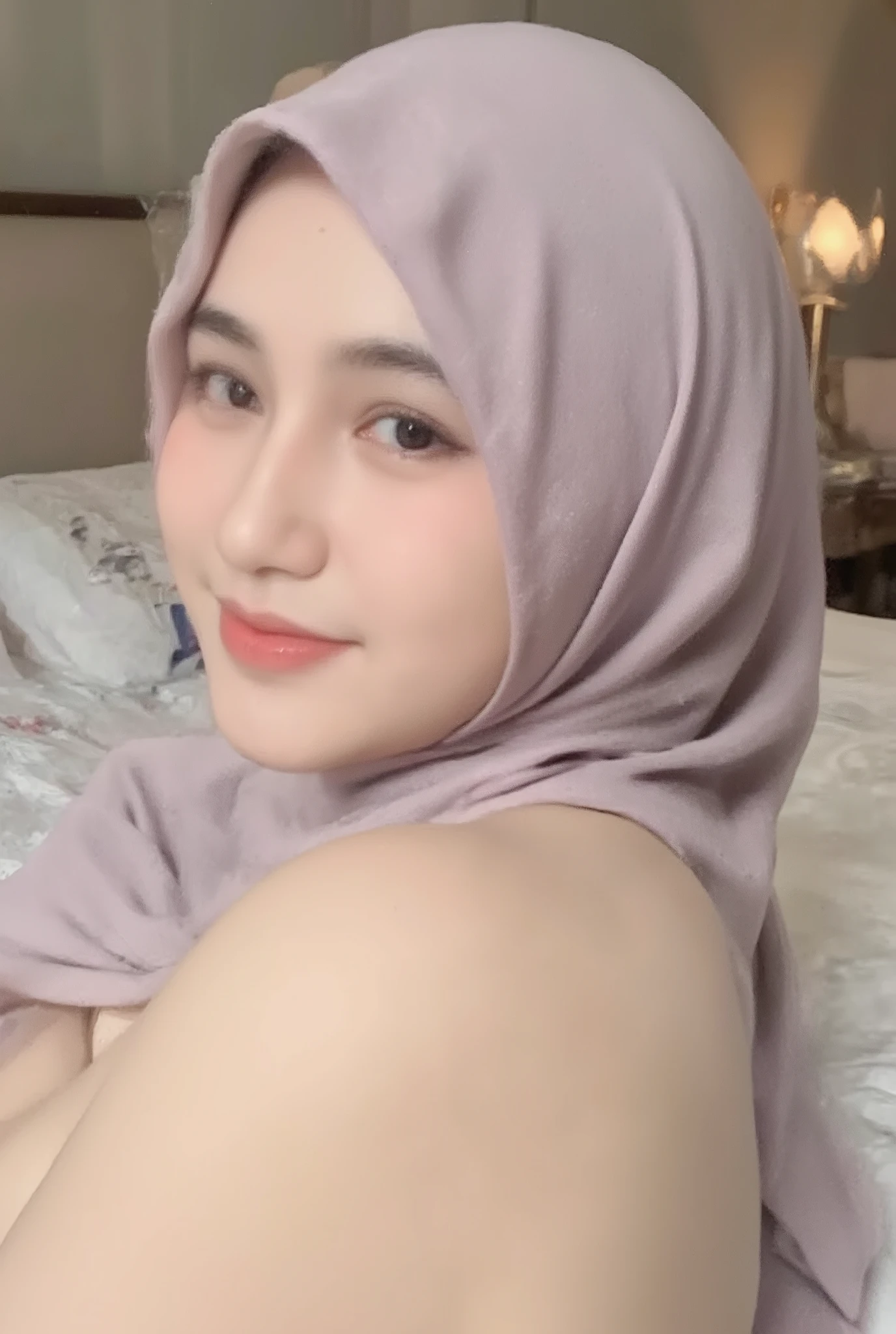 NadiaAulia,A young Indonesian woman, wearing a long old violet hijab, tanpa pakaian, ((( body mulus ))), show smooth body, portrait from the bottom of the side , senyum manis, (( very smiling lips )), pose wajah manis, ((memakai kacamata)), wajah detail, hidung detail, black eyes detail 4K Ultra HD, potret detail, ((Foto close-up)), hiper realistis, Cinematic lighting, soft and warm colors, kontras tinggi, professional photography, intricate facial features, Mata ekspresif 4KHD, kulit bercahaya, riasan alami, sweet facial expression, pose dinamis, be in the mattress room, 4kHD, Ultra HD. body girl