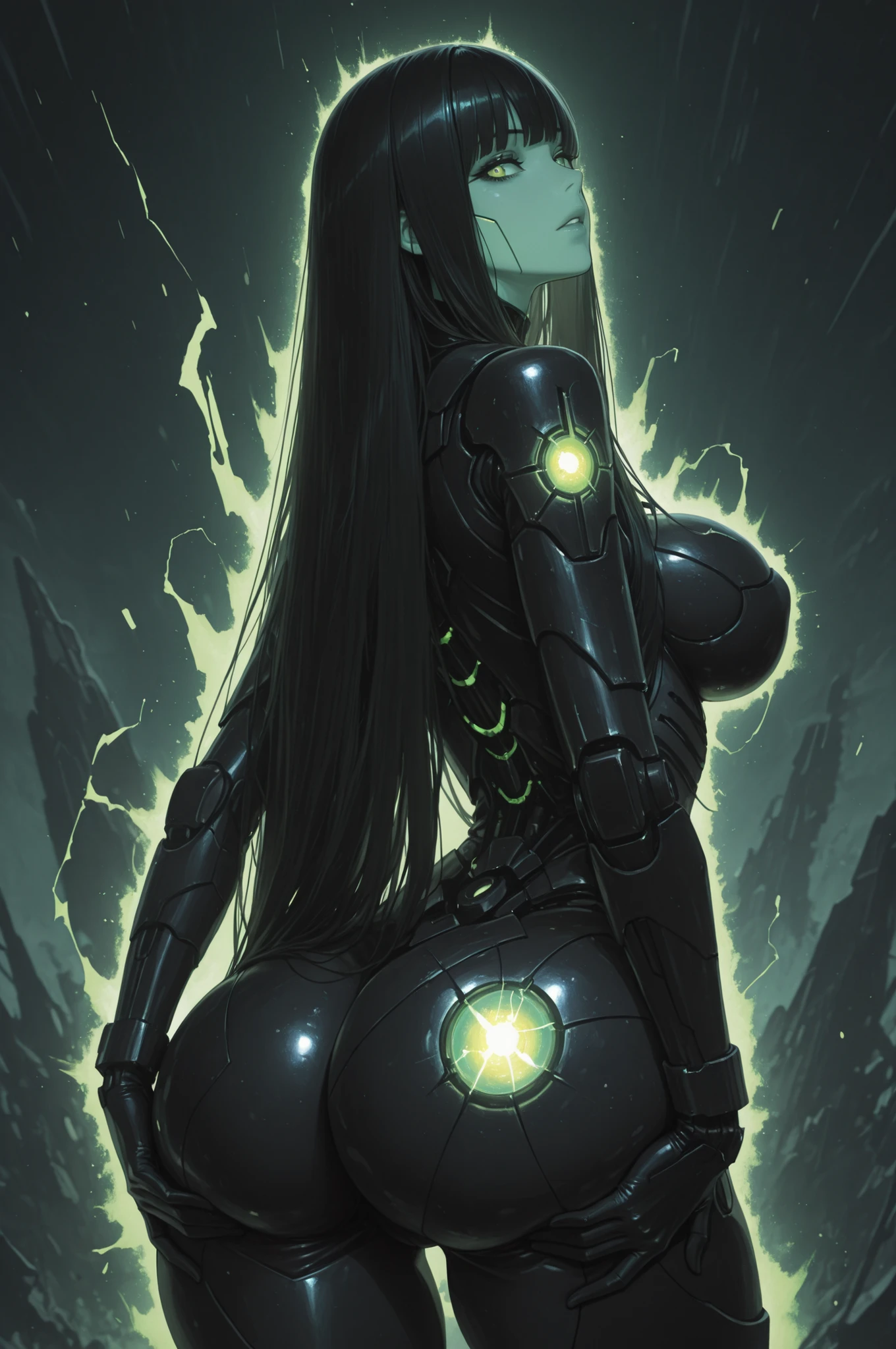 UHD, masterpiece, anatomically correct, super detail, best quality, high-res, 16k, solo, 1female necron, green energy, wh40k, long black straight hair, Necron face, large breasts, stand back to viewer, looking over shoulder, very wide hips, very large ass, hold hands under ass, blushing