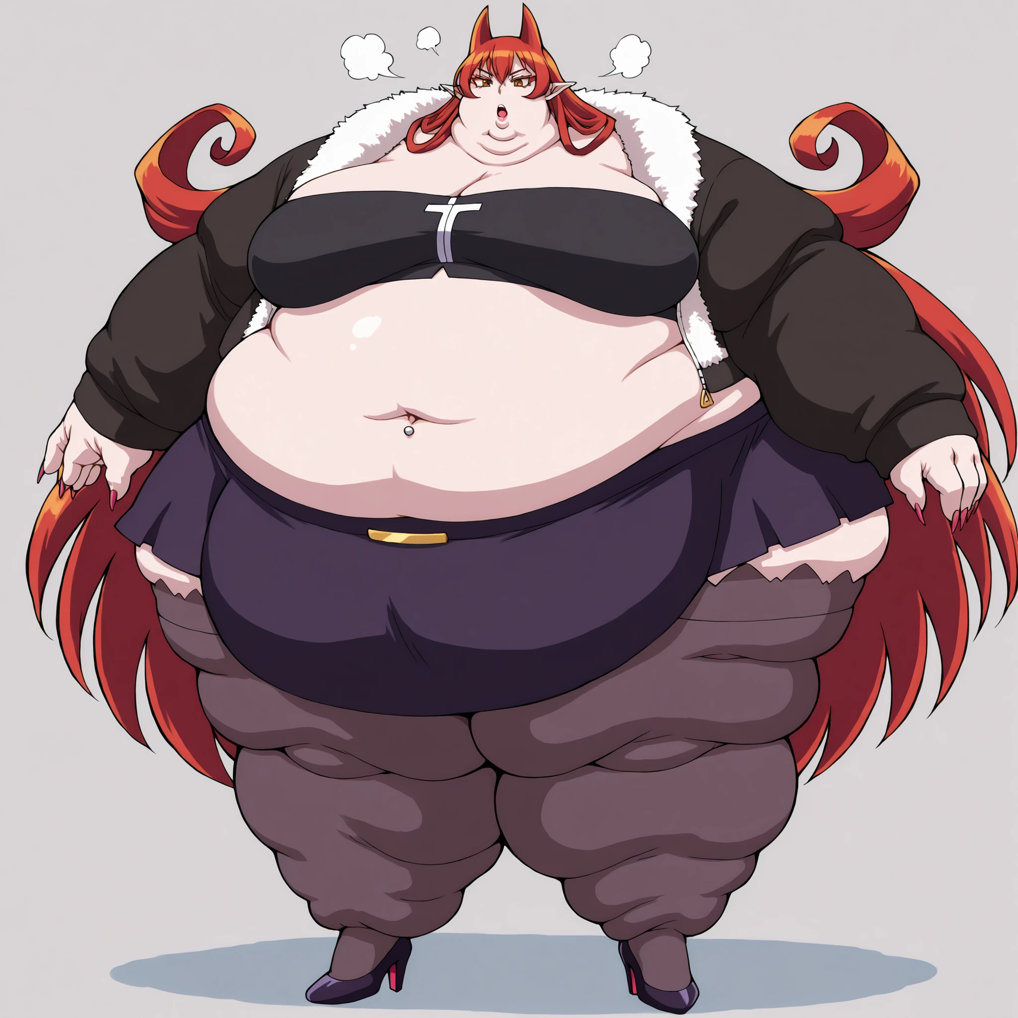 hair horns, curly hair, very long hair, hair between eyes, red hair, orange eyes, pointy ears, colored eyelashes,
furr jacket, tube top, midriff, belly button piercing, skirt, stockings, high heels, long nails, makeup, lipstick, fat, chubby, obese, fat neck, multiple chins, big breasts open mouth, out of breath, Larger female, full body shot, only head, large head, oversized limbs, large hands, large feet, oversized feet, oversized fingers, big lips, plump lips, fat face, fupa, big fupa, fat fupa,
