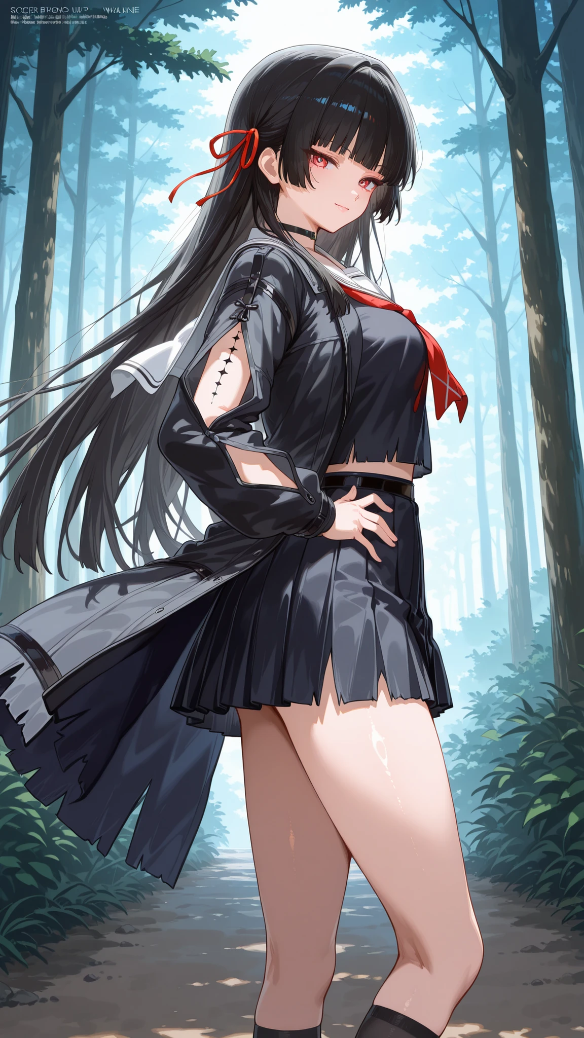 千咲, Chisa,

score_9, score_8_up , score_7_up , score_6_up , score_5_up ,
(masterpiece),(best quality),
(anime screencap), ((megami magazine)),

ultra detailed,high score,highres,incredibly absurdres,shiny skin, pastel colors,anime

BREAK  

((noon)), outdoors, forest, 

BREAK

1 lady, chisa,
strychsa, hime cut, (black hair), very long hair, multicolored eyes, red eyes, blue pupils, white pupils, ((mole under right eye)), ((right arm tattoo)), red hair ribbon, tacet mark (wuthering waves),

medium breastshair ribbon, black choker, white sailor collar, red neckerchief, black serafuku, torn shirt, midriff peek, black coat, arm cutout, torn skirt, black skirt, pleated skirt,black socks, loafers, black footwear,
choker, open jacket, black kneehighs, 

((solo)), from side,

,

looking at viewer, standing, hands on hip,

light smile, jitome,
