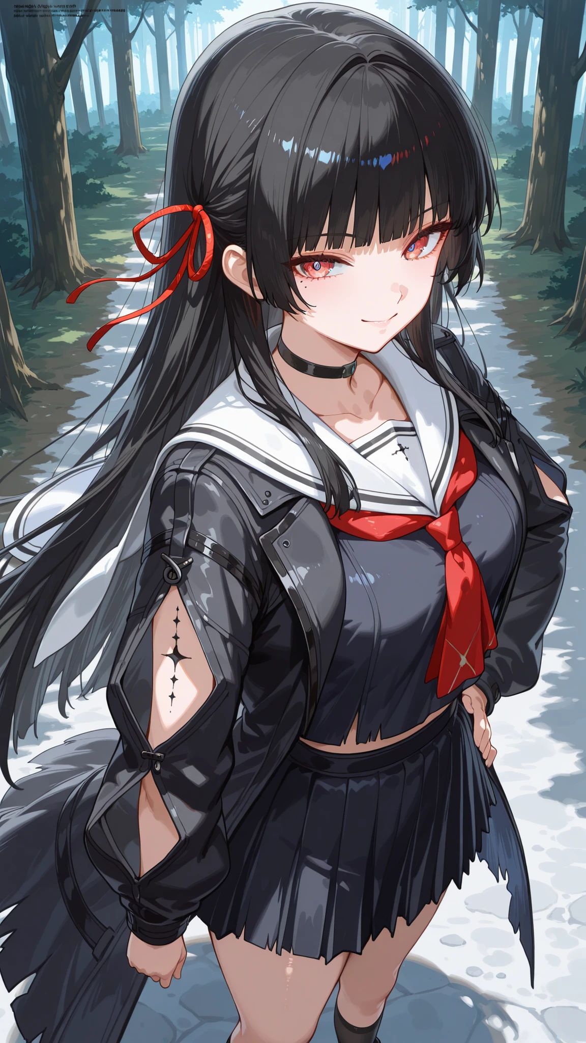 千咲, Chisa,

score_9, score_8_up , score_7_up , score_6_up , score_5_up ,
(masterpiece),(best quality),
(anime screencap), ((megami magazine)),

ultra detailed,high score,highres,incredibly absurdres,shiny skin, pastel colors,anime

BREAK  

((noon)), outdoors, forest, 

BREAK

1 lady, chisa,
strychsa, hime cut, (black hair), very long hair, multicolored eyes, red eyes, blue pupils, white pupils, ((mole under right eye)), ((right arm tattoo)), red hair ribbon, tacet mark (wuthering waves),

medium breastshair ribbon, black choker, white sailor collar, red neckerchief, black serafuku, torn shirt, midriff peek, black coat, arm cutout, torn skirt, black skirt, pleated skirt,black socks, loafers, black footwear,
choker, open jacket, black kneehighs, 

((solo)), from above, upper body,

,

looking at viewer, standing, hands on hip,

smile, 
