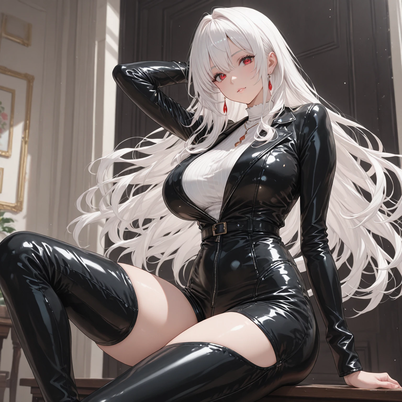 Girl, 20 years old, with long white hair down to below her waist, a serious yet tender expression, and red eyes. Her hair features black streaks. She wears antique-style clothing, a long black dress with a slit on the legs, and high black boots that almost reach her knees. Her power and background are related to shadows and darkness.